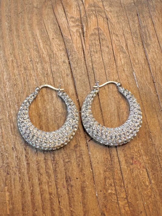 Chunky White CZ Stones Hoops 925 Sterling Silver Earrings