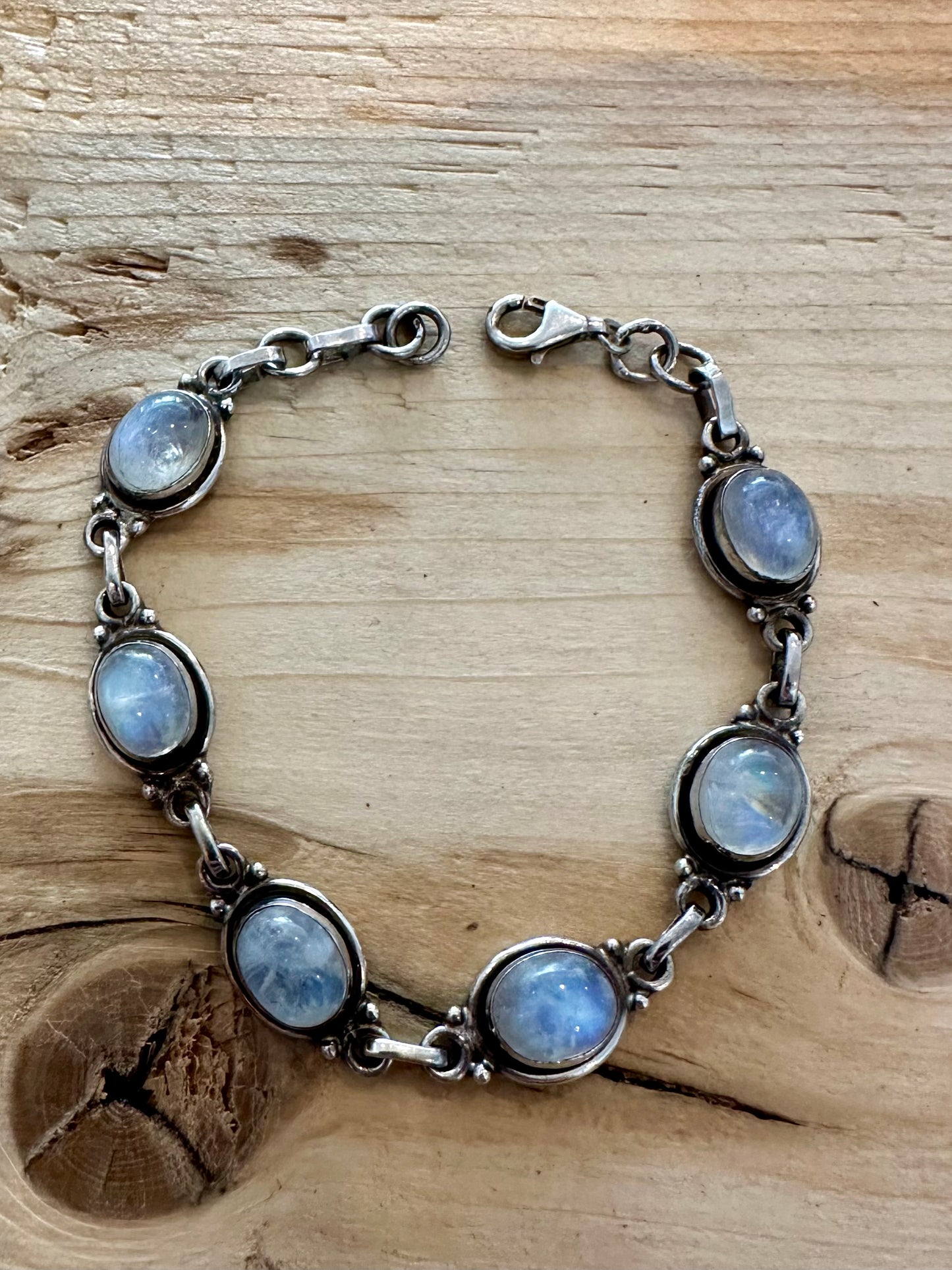 Vintage Oval Moonstone 925 Silver 7.5 inch Bracelet