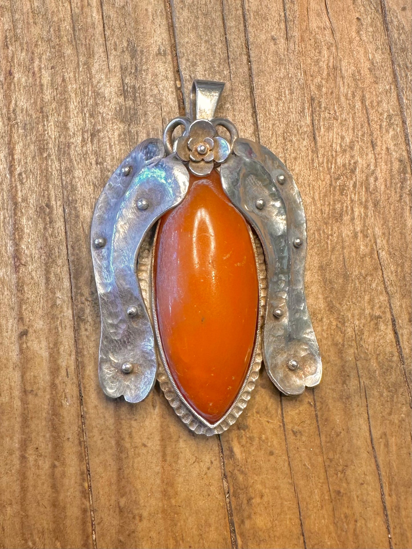 Floral Ornate Amber 900 Silver Pendant