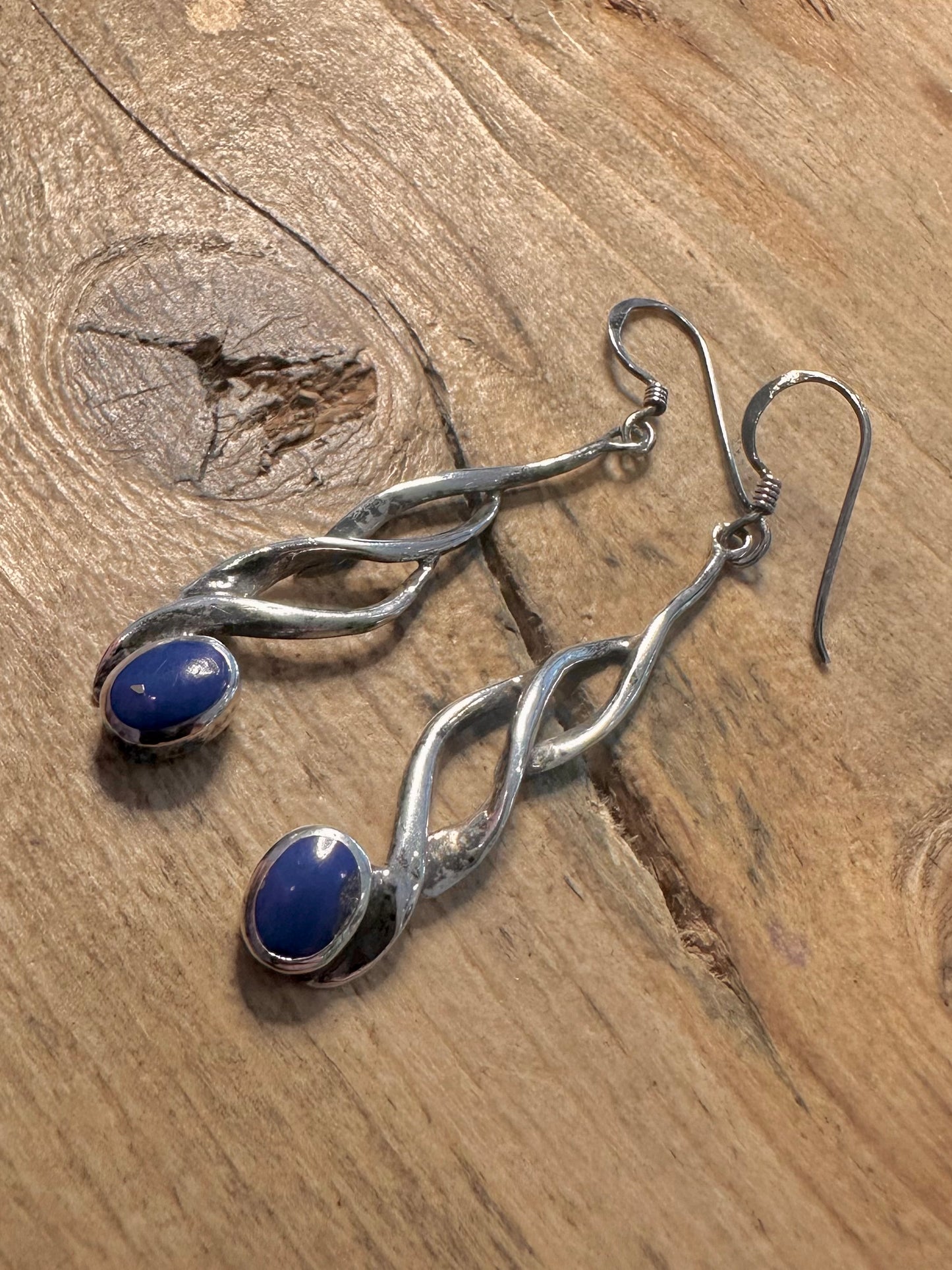 Vintage Lapis Dangle Twist 925 Silver Earrings