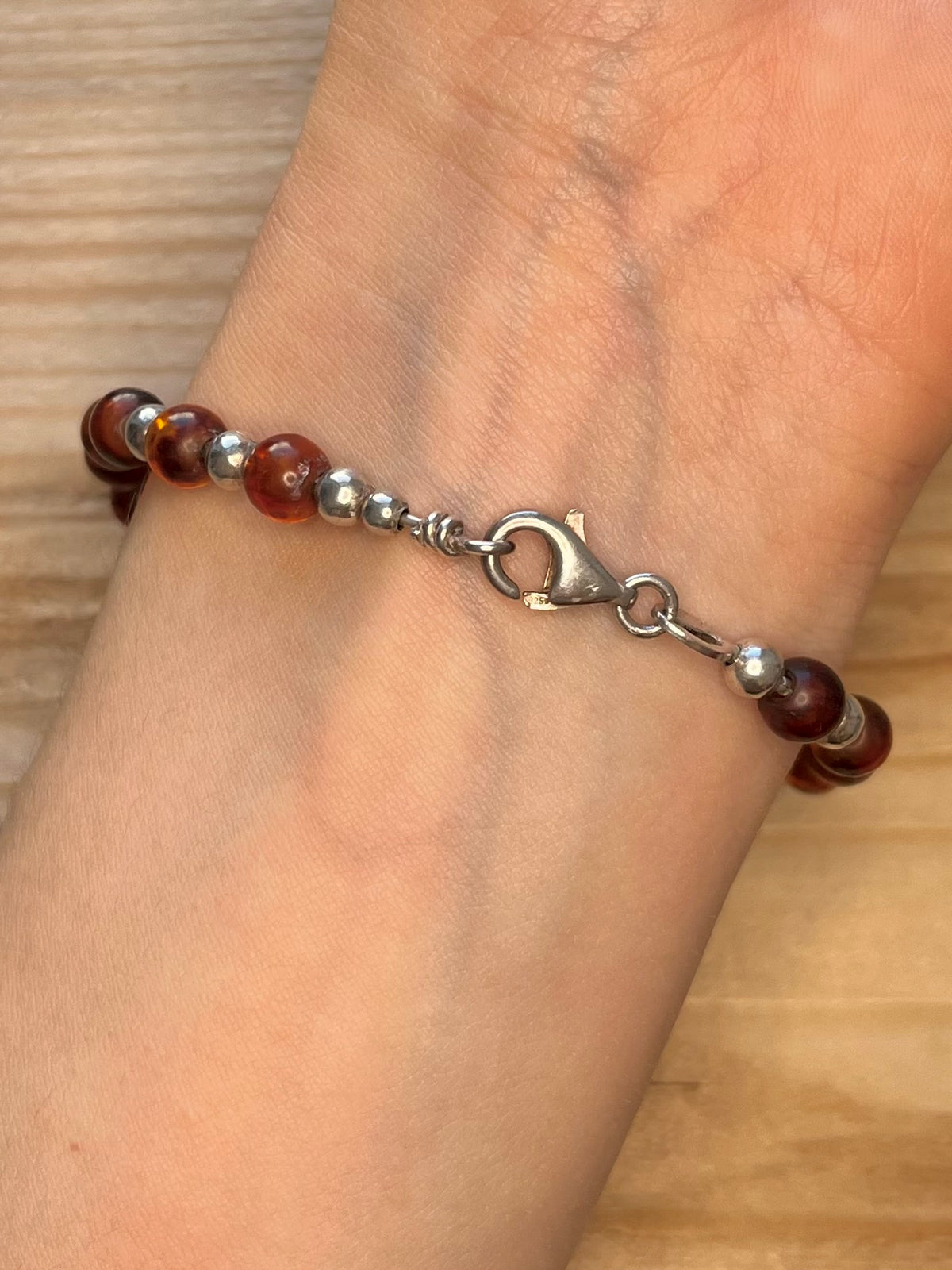 Amber Bead and Silver Balls 925 Sterling Silver 7.5 Inch Bracelet