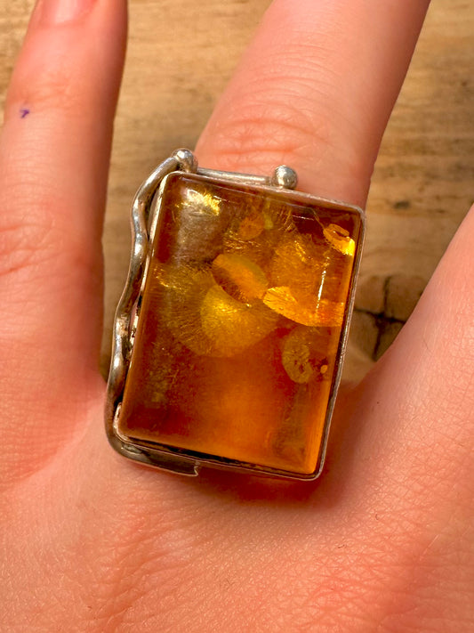 Vintage Large Amber Rectangle 925 Silver Size Q Ring