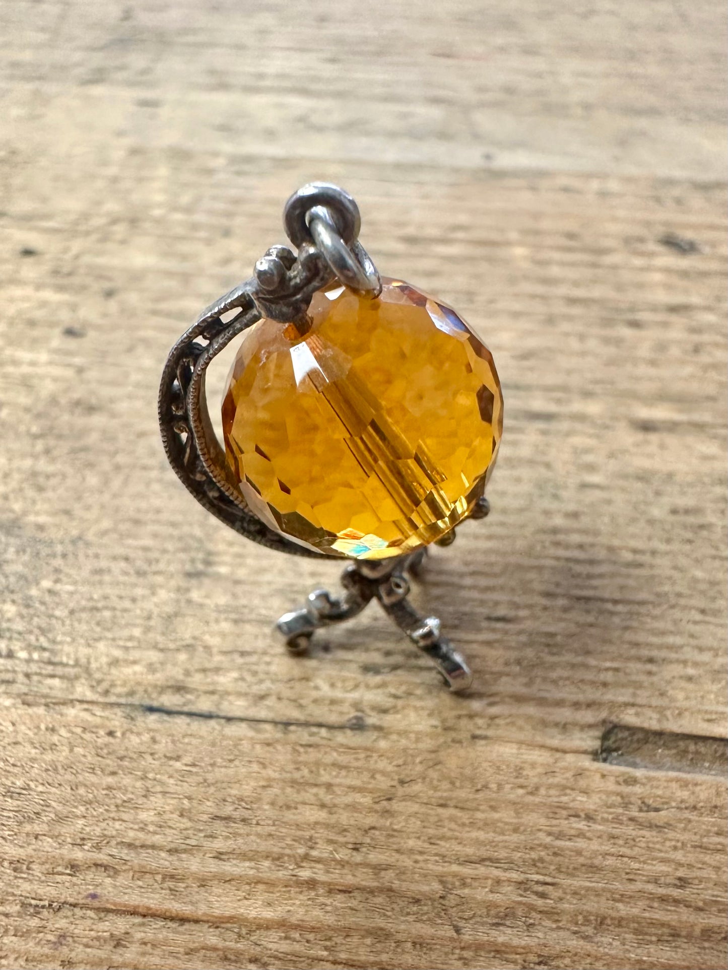 Vintage Crystal Orange Globe Silver Charm Pendant