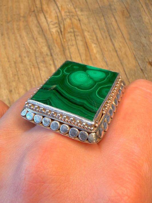 Large Rectangle Malachite Boho Border 925 Sterling Silver Size T1/2 Ring