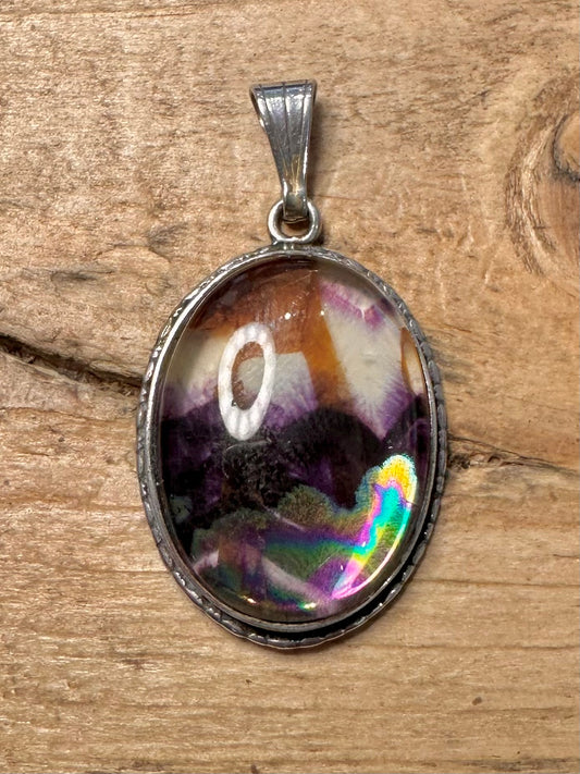 Vintage Fluorite Oval 925 Silver Pendant