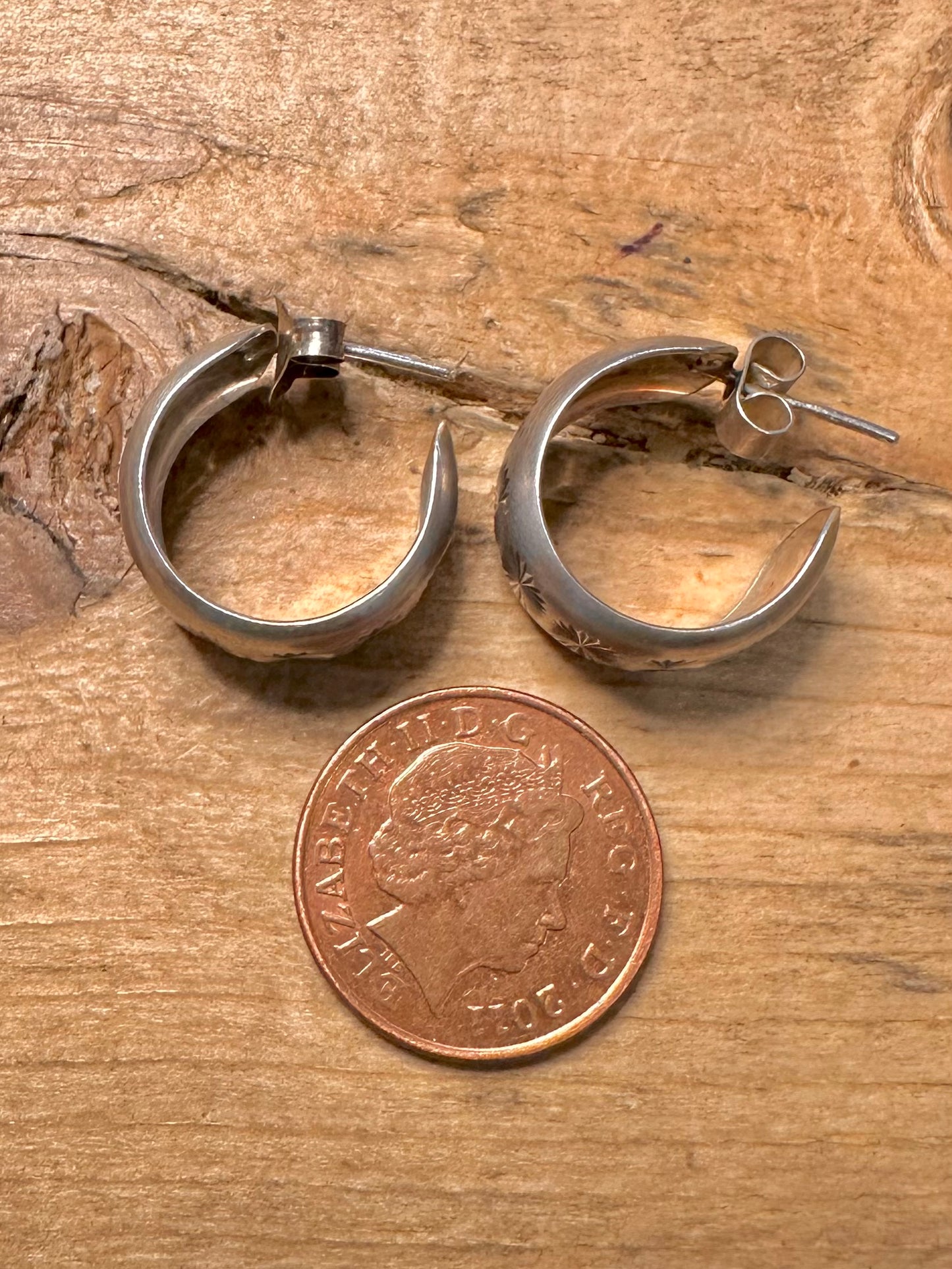 Vintage Engraved Chunky Hoops 925 Silver Earrings