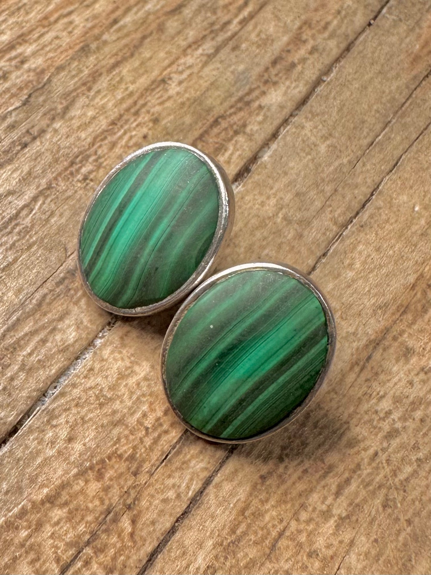 Vintage Malachite Oval Stud 925 Sterling Silver Earrings