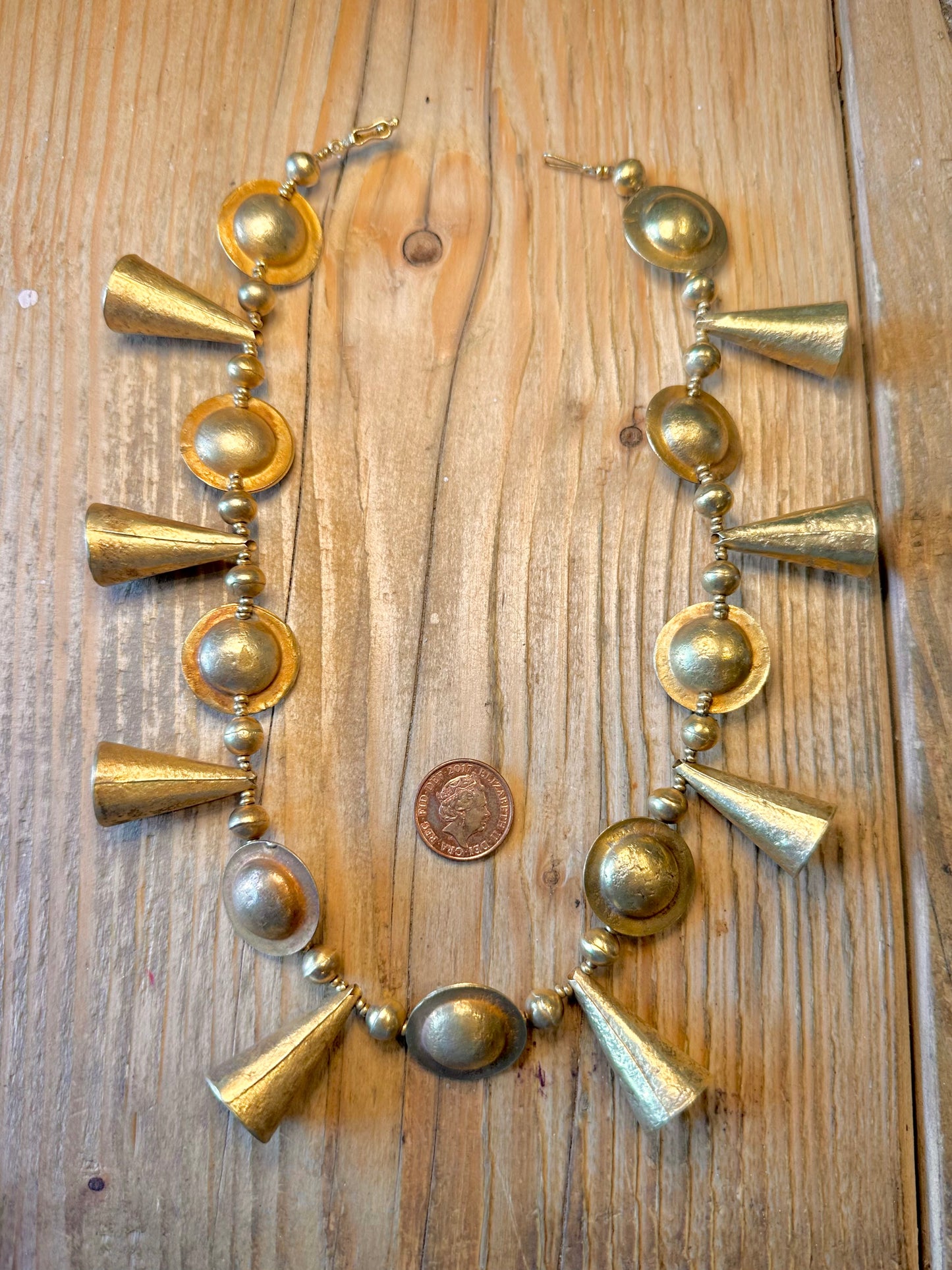 Etruscan Revival Disc and Cone Arrow Gold on 925 Sterling Silver Clear Bead String 17.8 inch Necklace