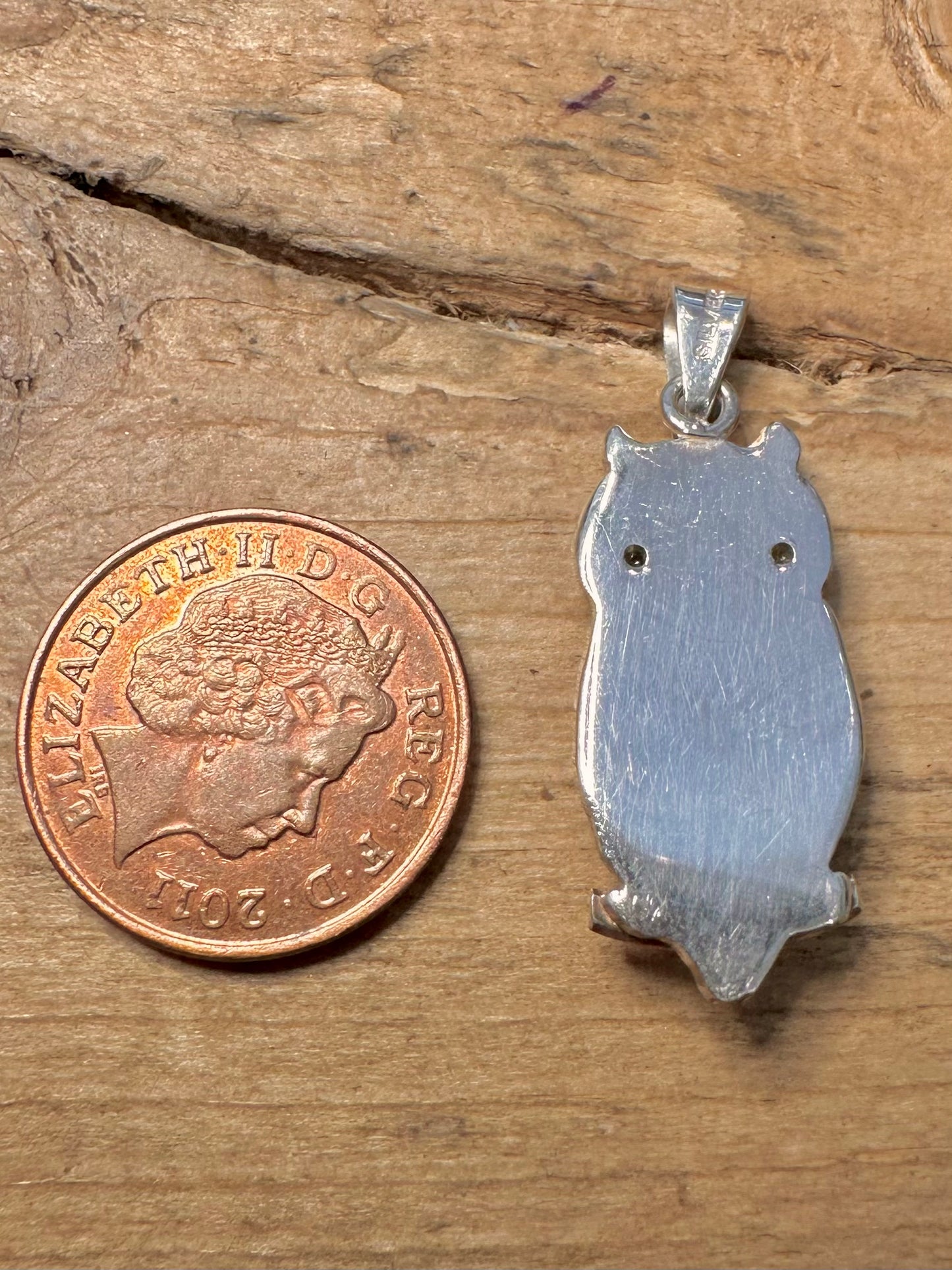 Vintage Owl Mother of Pearl and Lapis 925 Silver Pendant