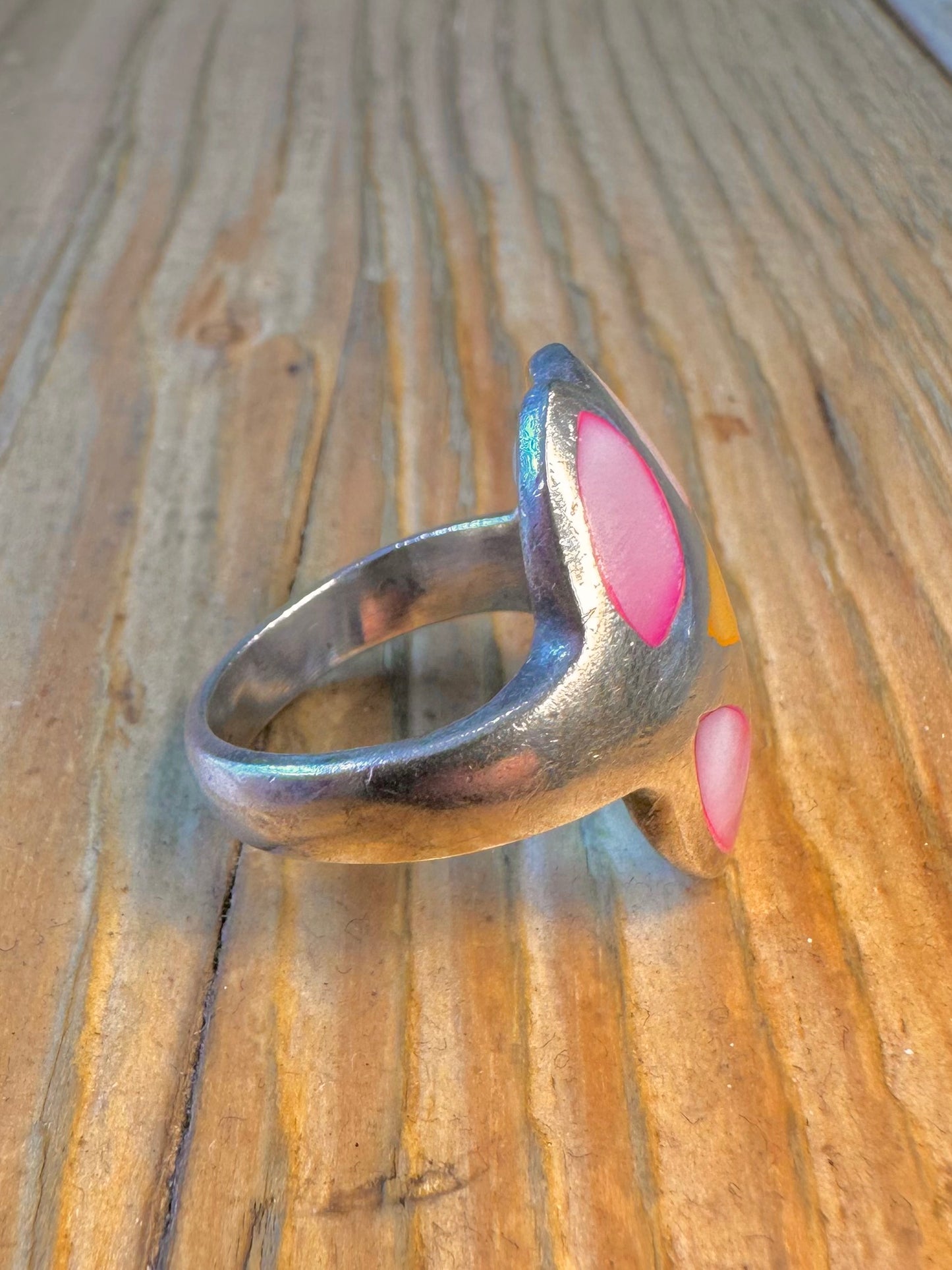 Abstract Multi Coloured Mother of Pearl 925 Sterling Silver Size P Ring