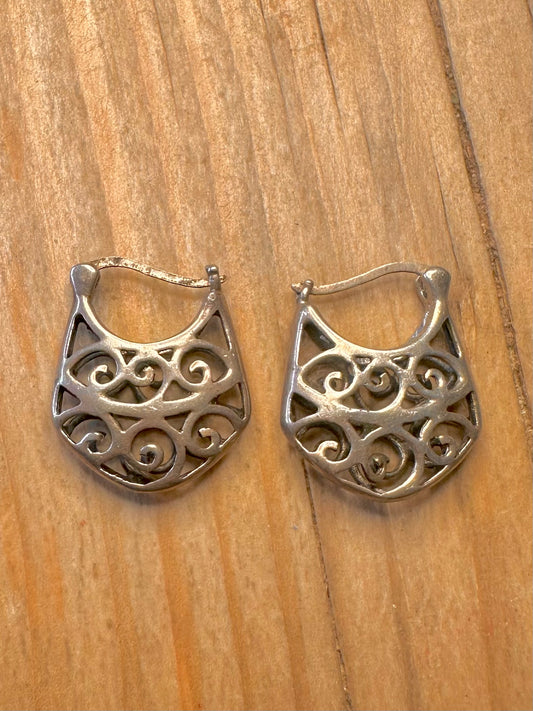 Vintage Filigree Handbag Style Hoops 925 Sterling Silver Earrings
