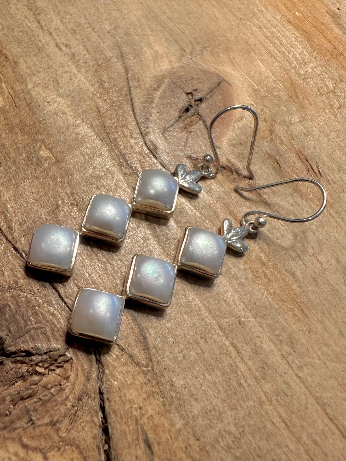 Vintage Pearl Diamond Shaped Dangle 925 Silver Earrings