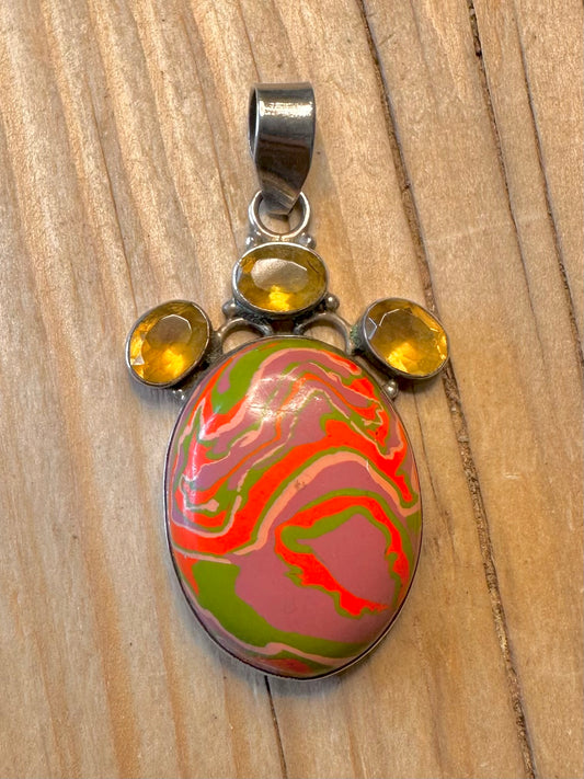 Vintage Citrine and Agate 925 Silver Pendant