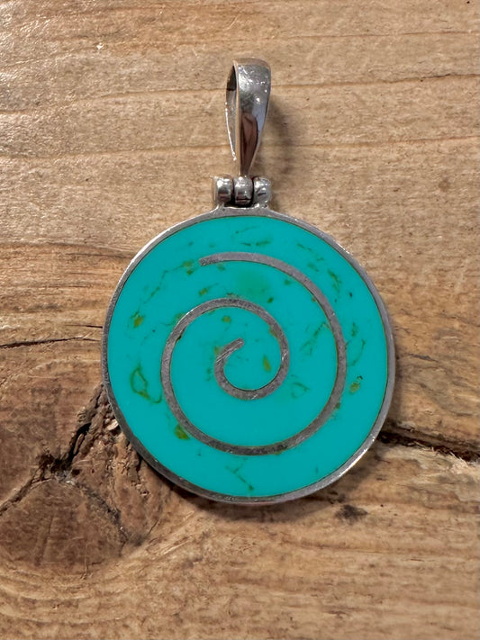 Abstract Polished Turquoise Inlay 925 Silver Pendant