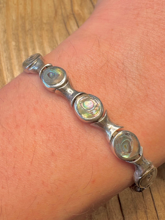 Vintage Heavy Abalone Oval Link 925 Sterling Silver 7.2 inch Bracelet