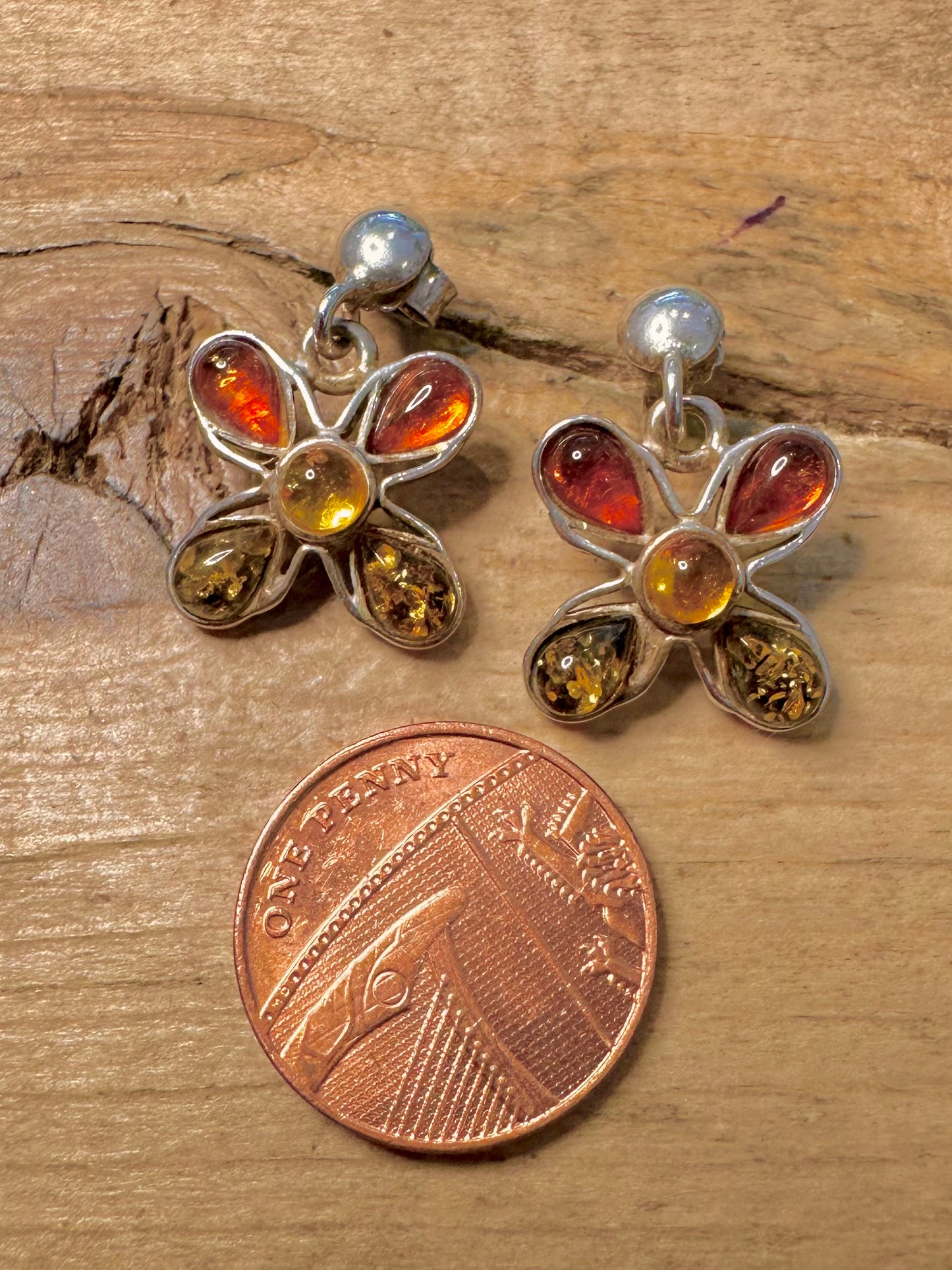 Vintage Amber Flower 925 Silver Earrings
