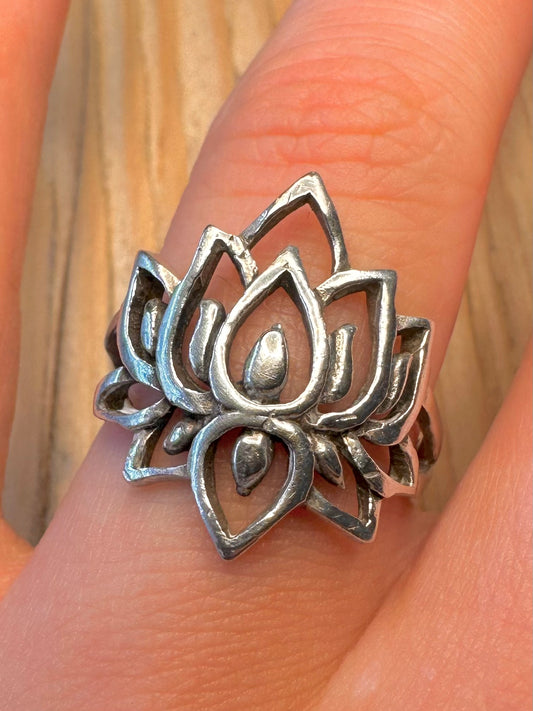 Vintage Lotus Flower 925 Sterling Silver Size R Ring