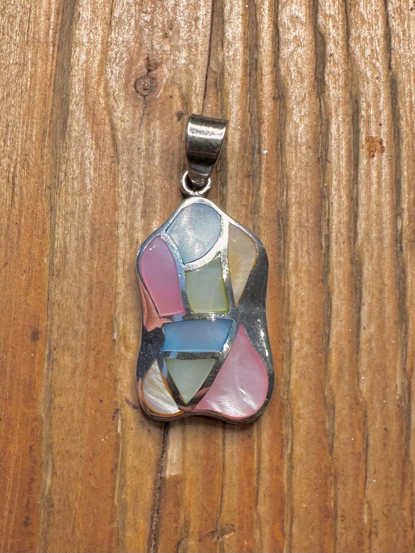 Abstract Multi Coloured Mother of Pearl 925 Sterling Silver Pendant