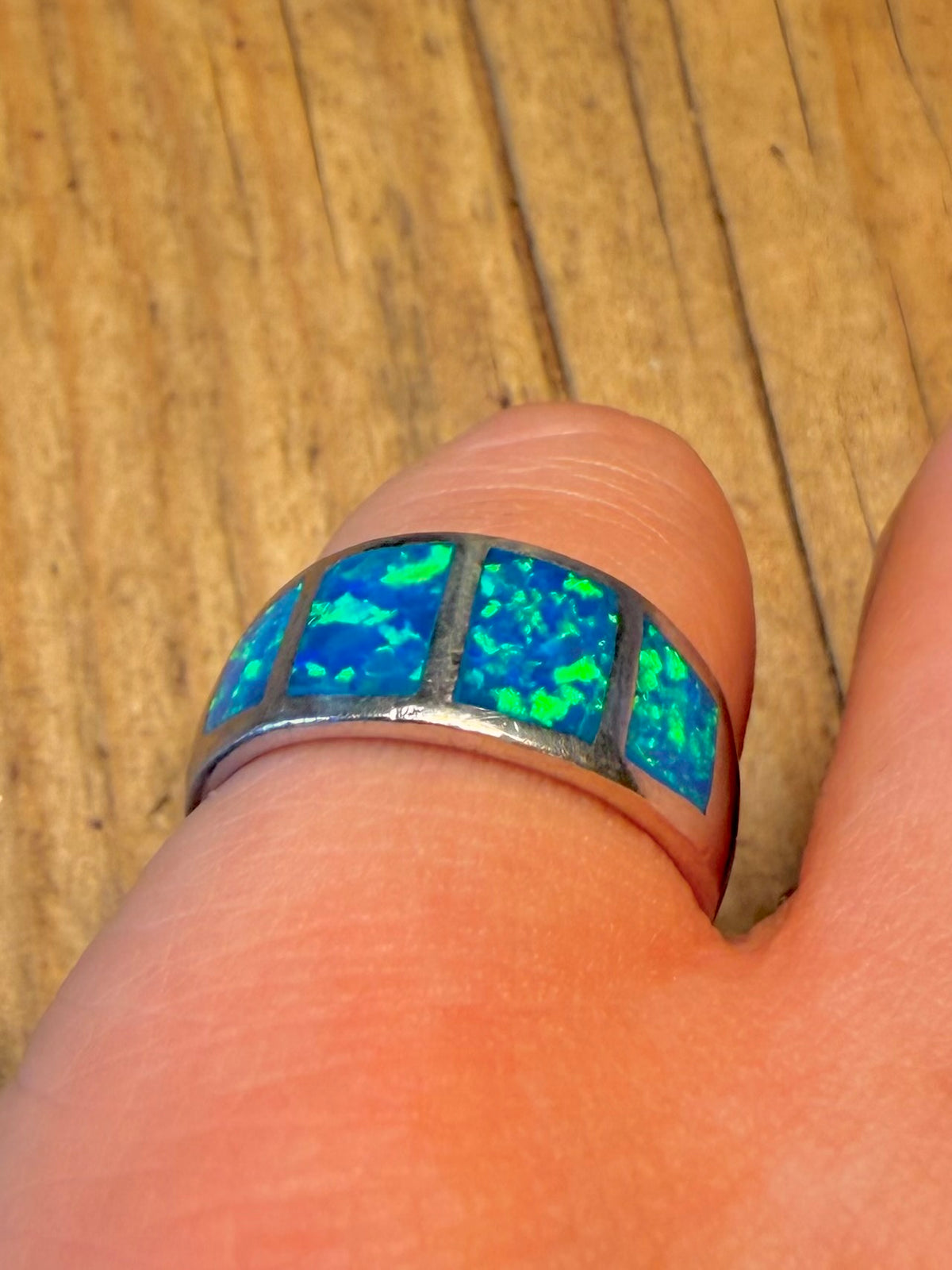 Blue and Green Opal Inlay 925 Sterling Silver Size N Ring