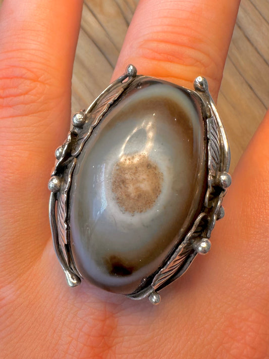 Vintage Large Agate Navajo Style 925 Silver Size V Ring