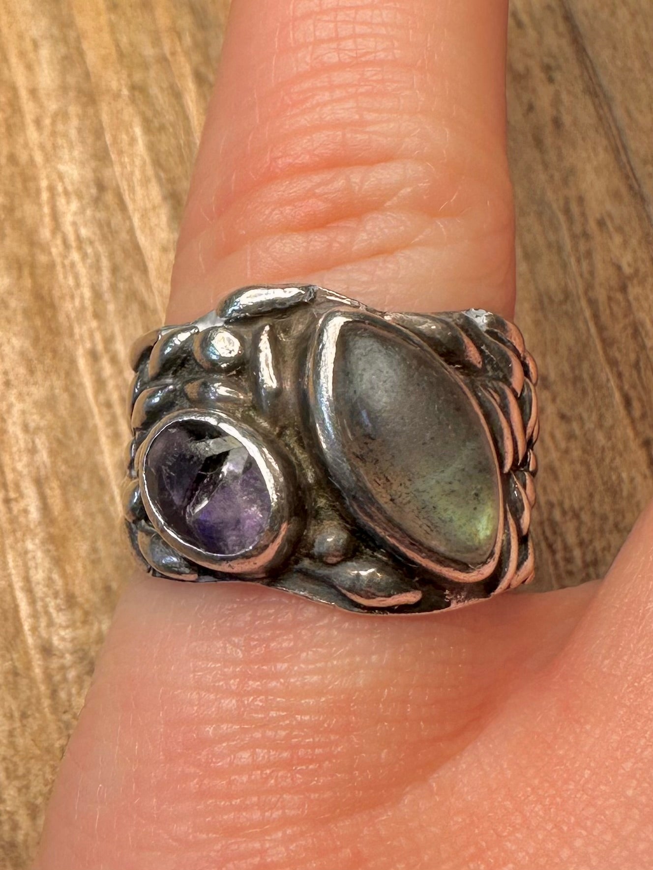 Abstract Labradorite and Amethyst 925 Sterling Silver Size N Ring