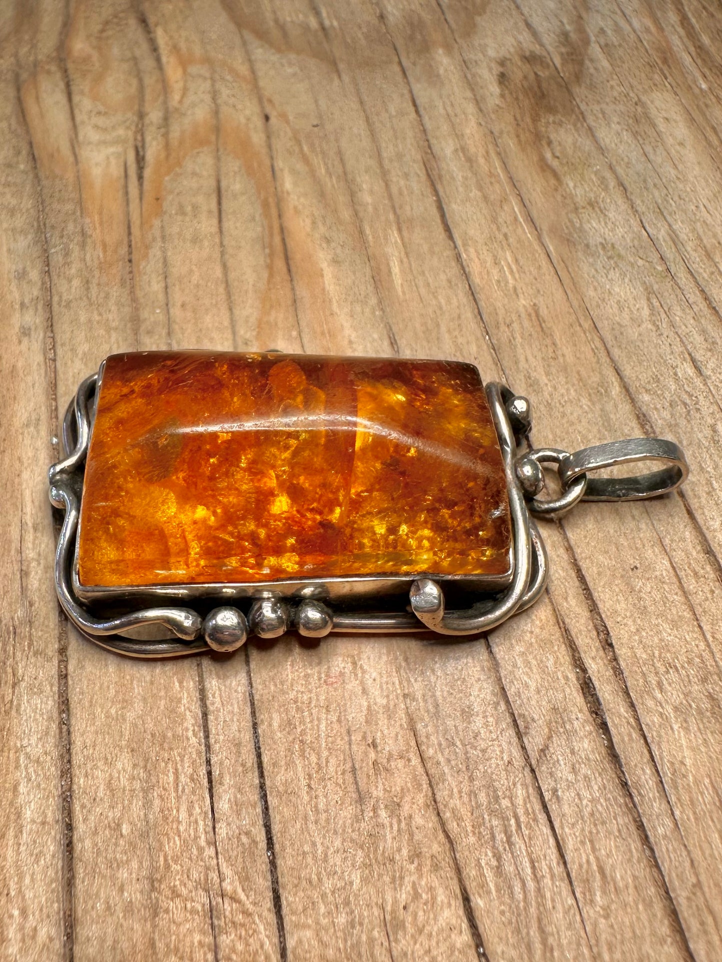Vintage Large Rectangle Amber 925 Sterling Silver Pendant