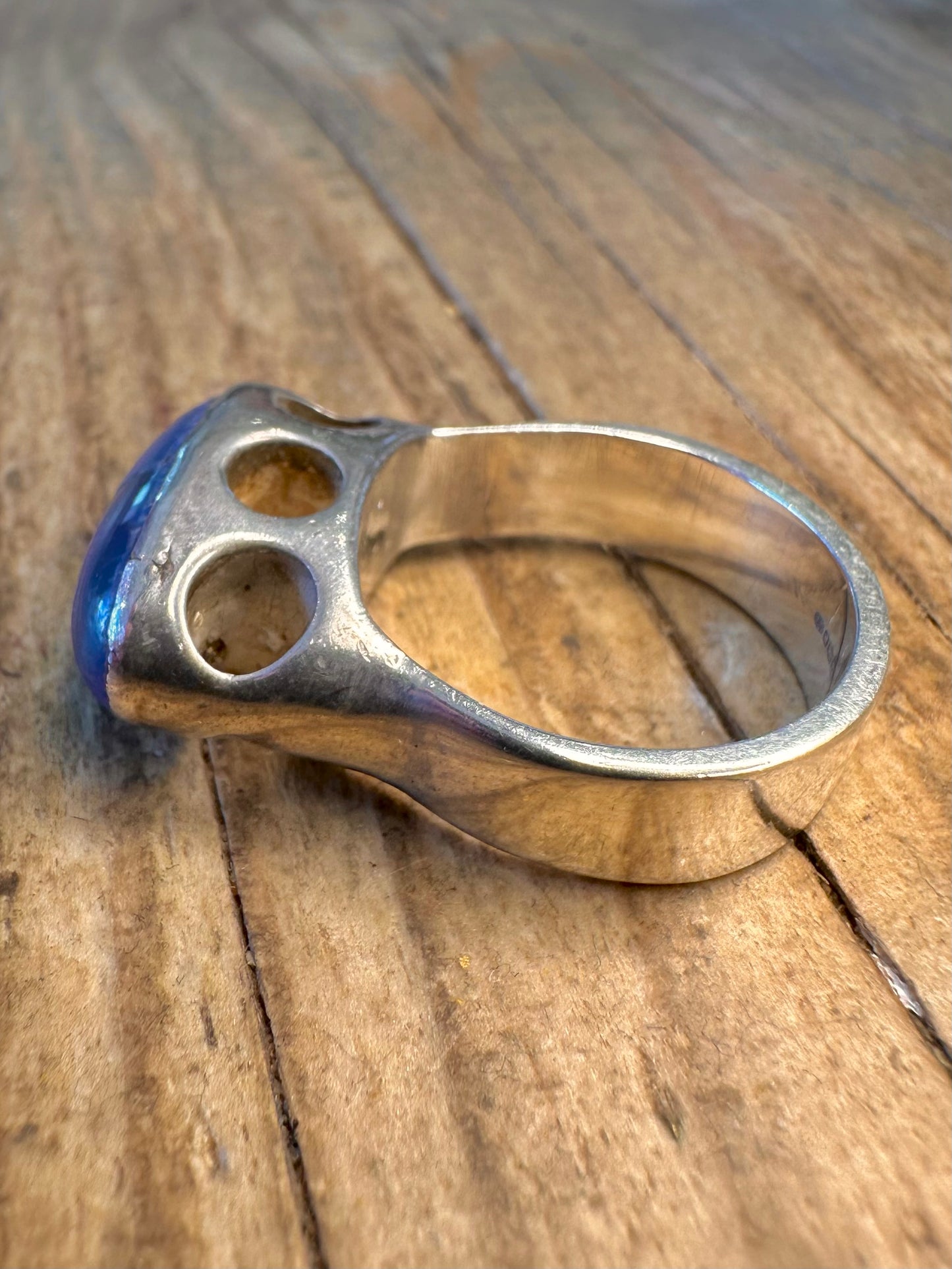 Abstract 2009 Lapis Circle Cut Out 925 Sterling Silver Size P Ring