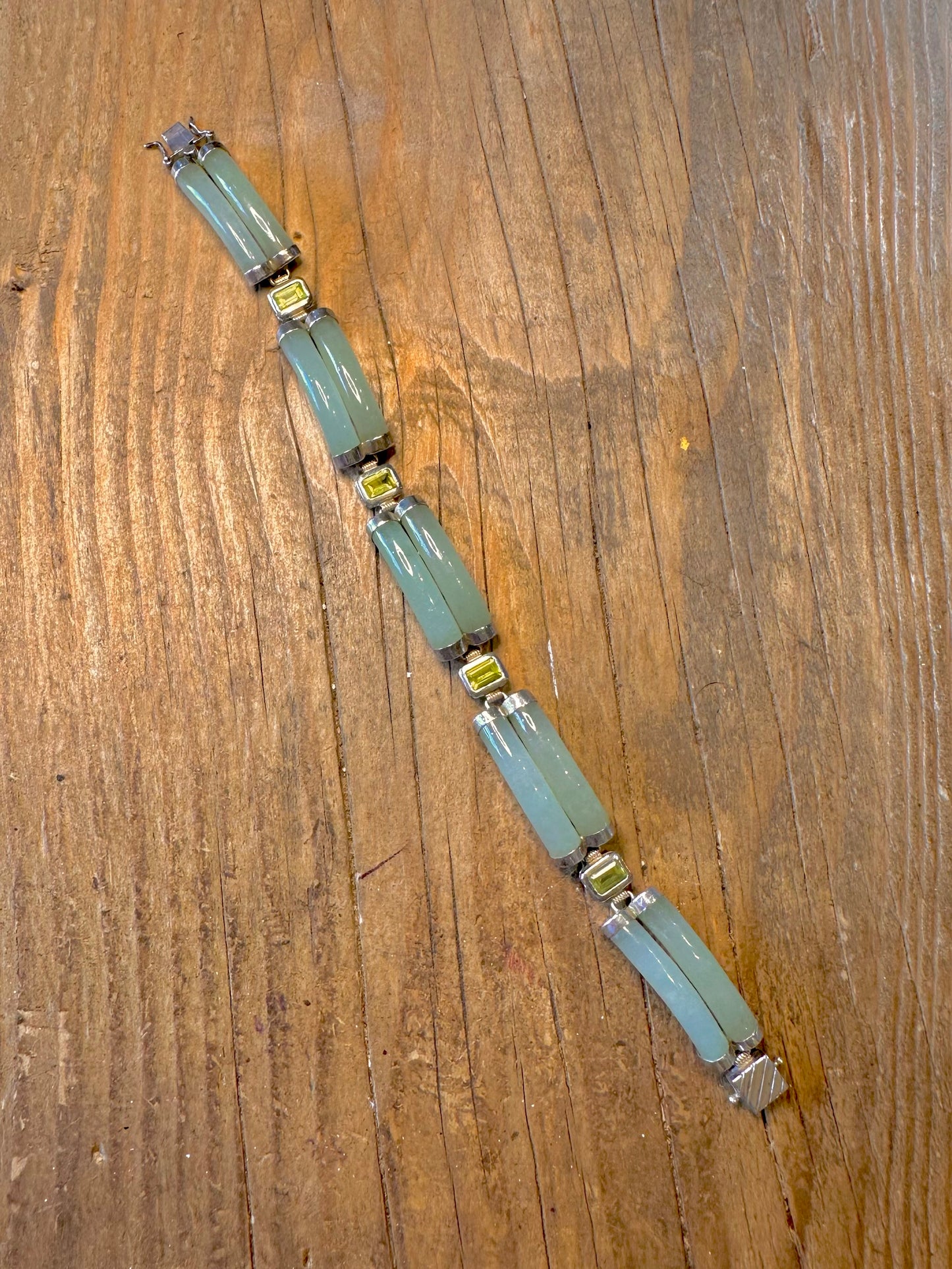 Jade Double Cylinders and Peridot 925 Sterling Silver 7.5 inch Bracelet