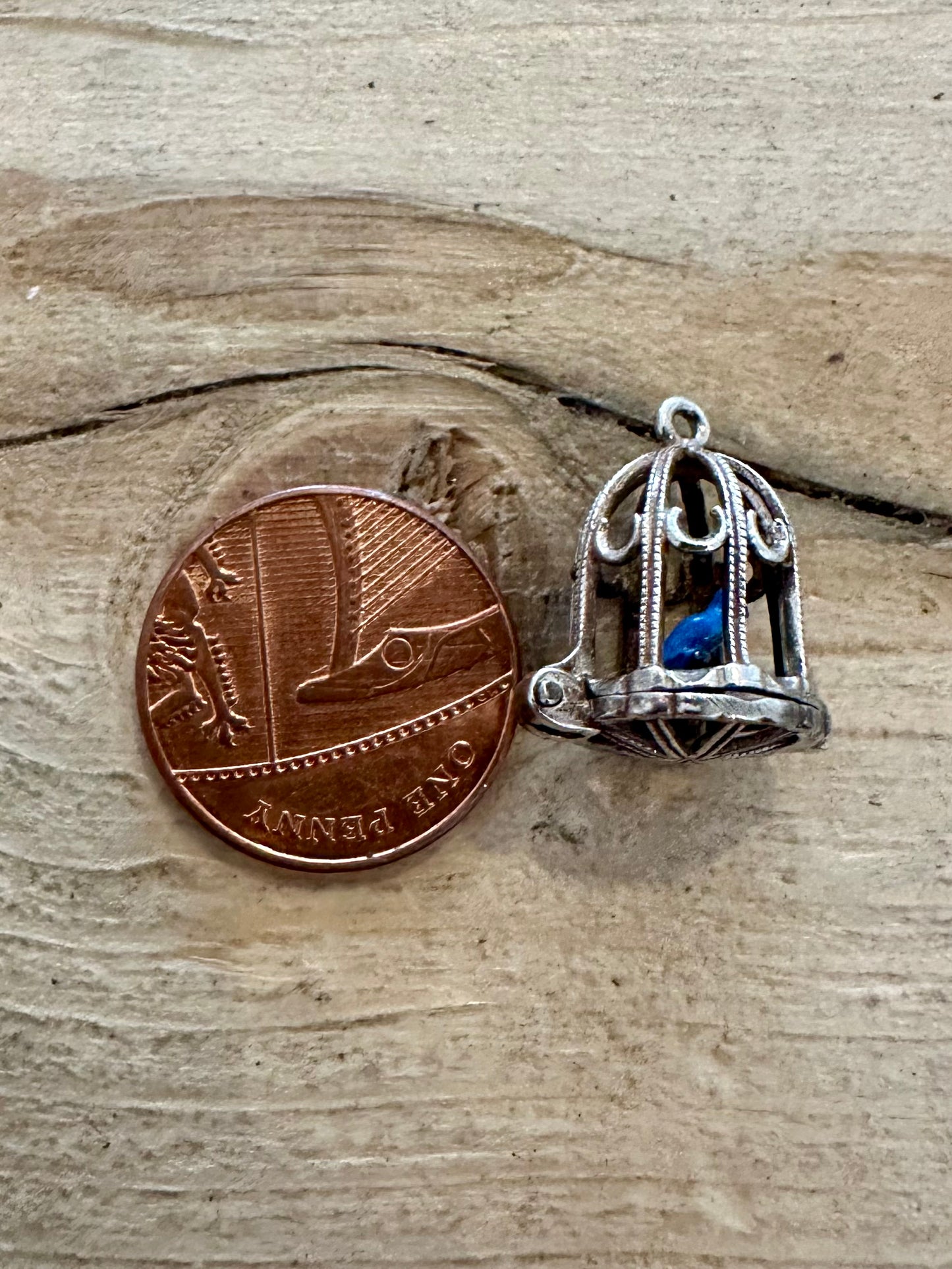 Vintage Enamel Blue Bird in Cage 925 Silver Charm Pendant