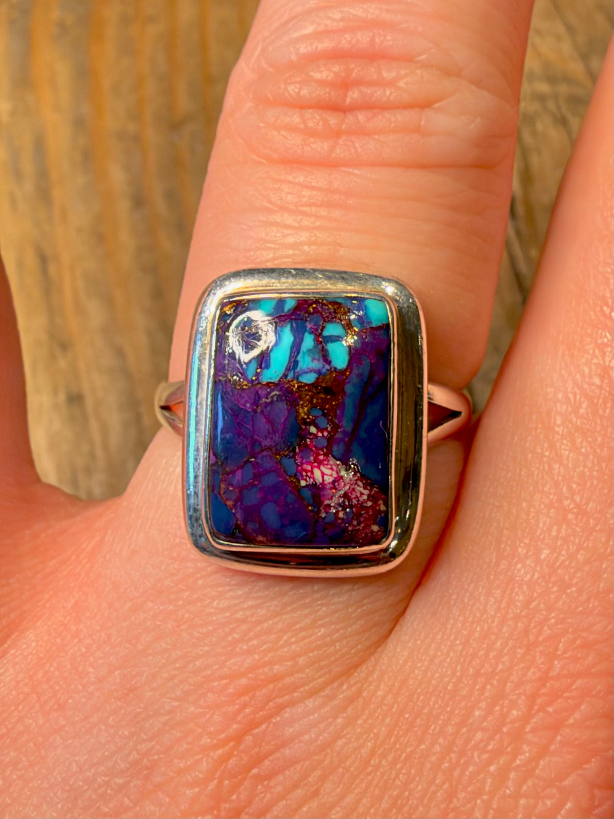 Purple Copper Turquoise Rectangle 925 Sterling Silver Size Q Ring