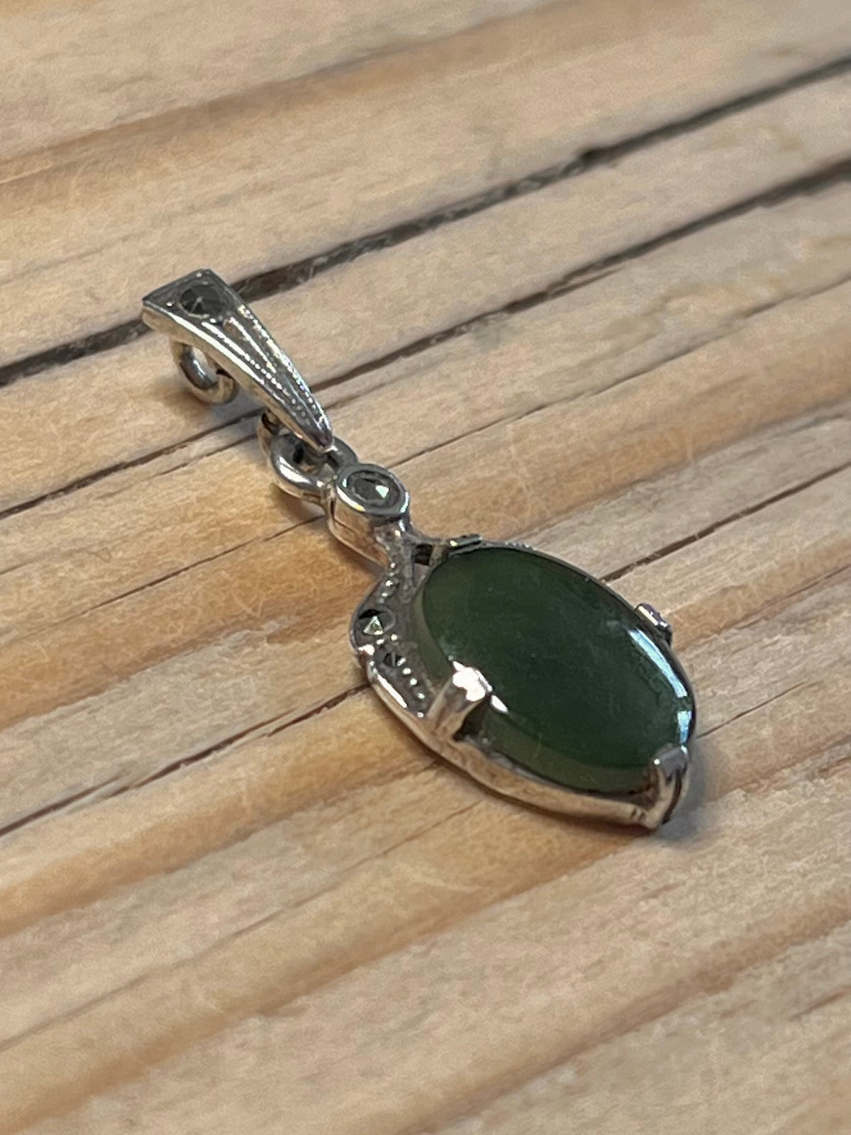 Dark Green Oval Jade and Marcasite 925 Sterling Silver Pendant