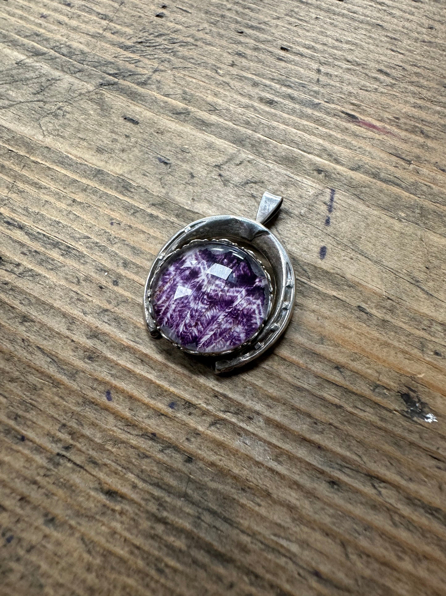 Vintage Horse Shoe Charoite WBS 925 Silver Pendant