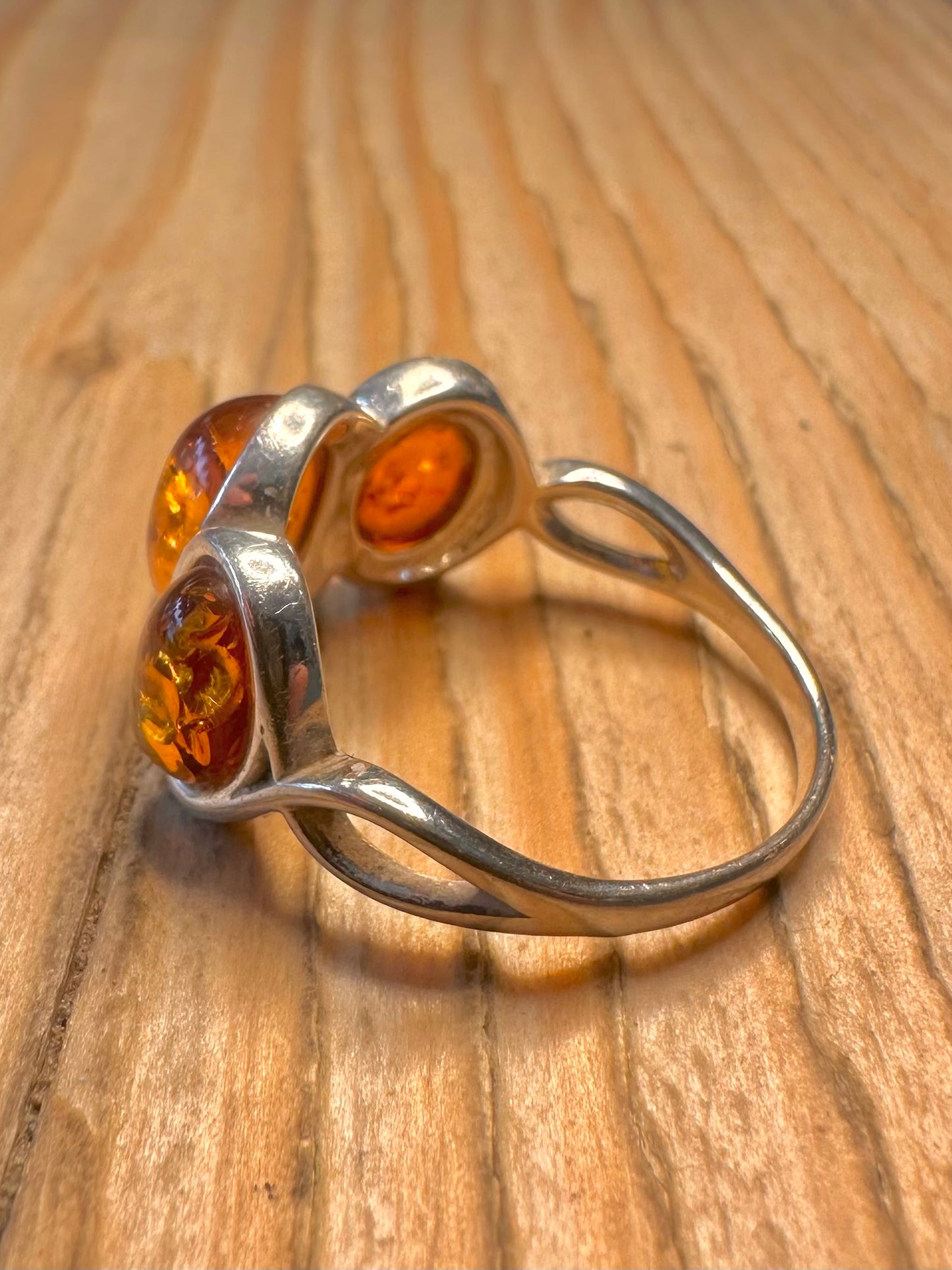 Vintage Amber Trio 925 Sterling Silver Size Q 1/2 Ring
