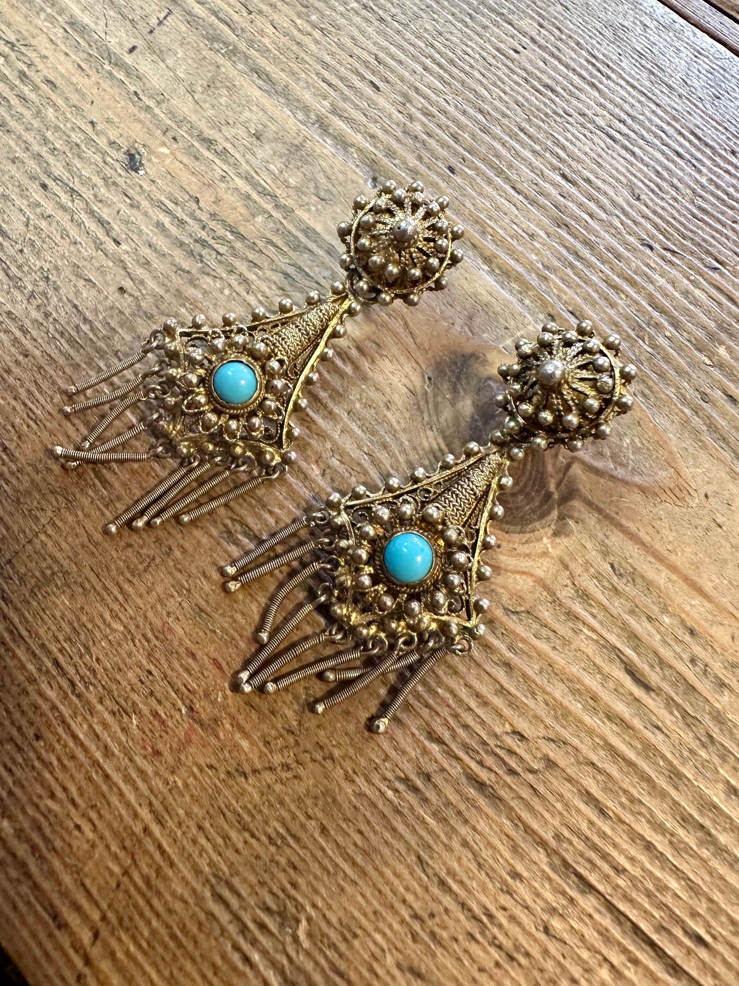 Vintage Gold Tone And Blue Etruscan Style Costume Earrings