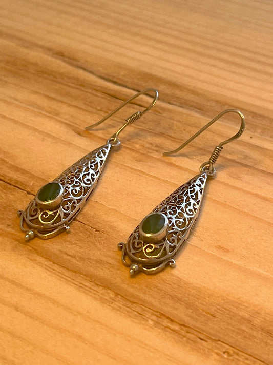 Ornate Filigree Green Stone Dangle 925 Sterling Silver Drop Earrings