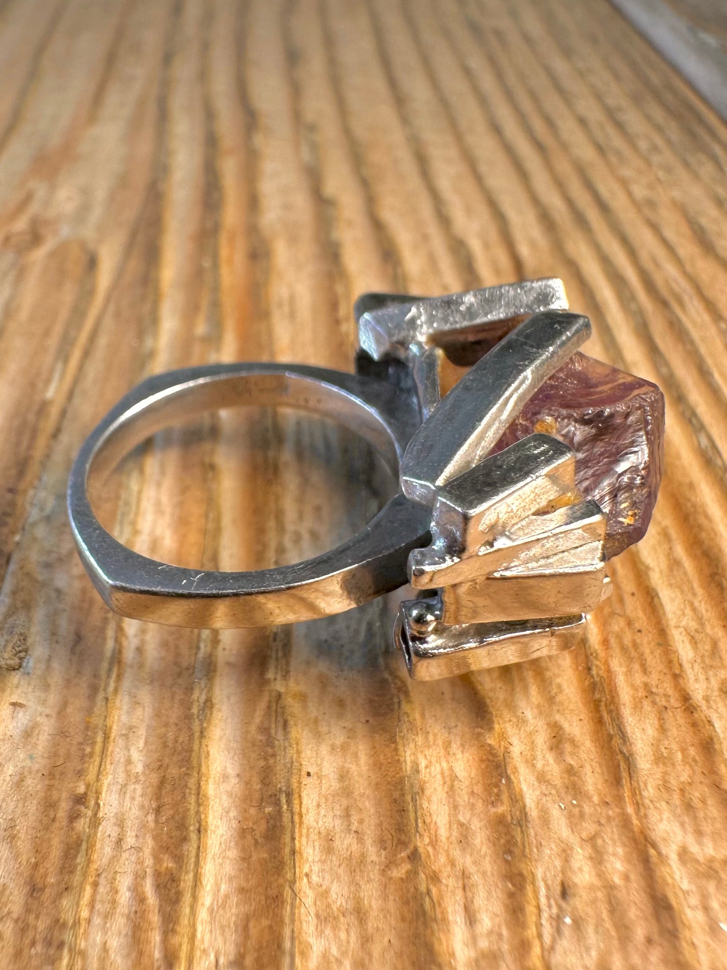 Modernist Abstract 1971 Raw Amethyst 925 Sterling Silver Size L Ring