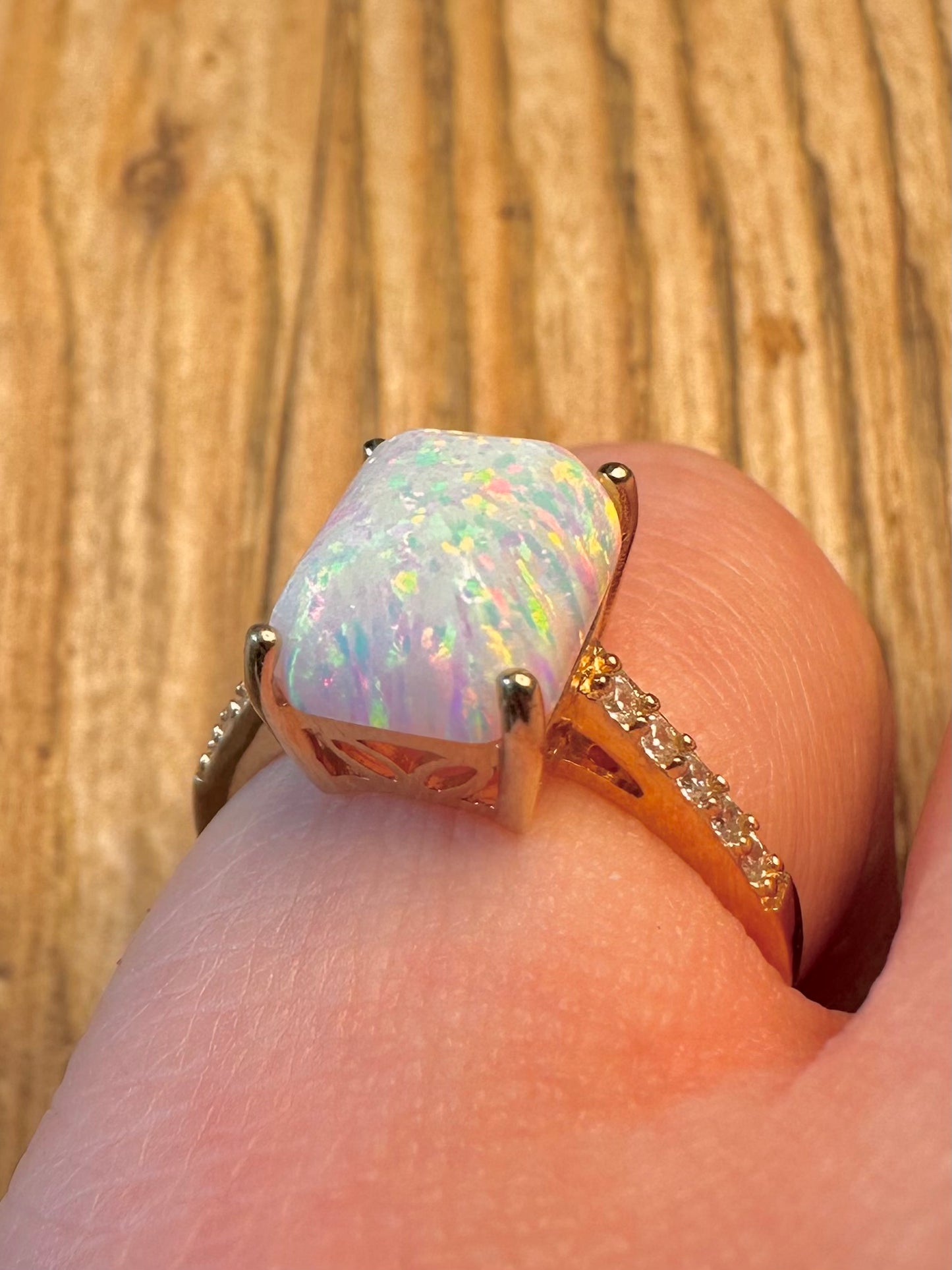 Opal and CZ Gold on 925 Sterling Silver Size L Ring