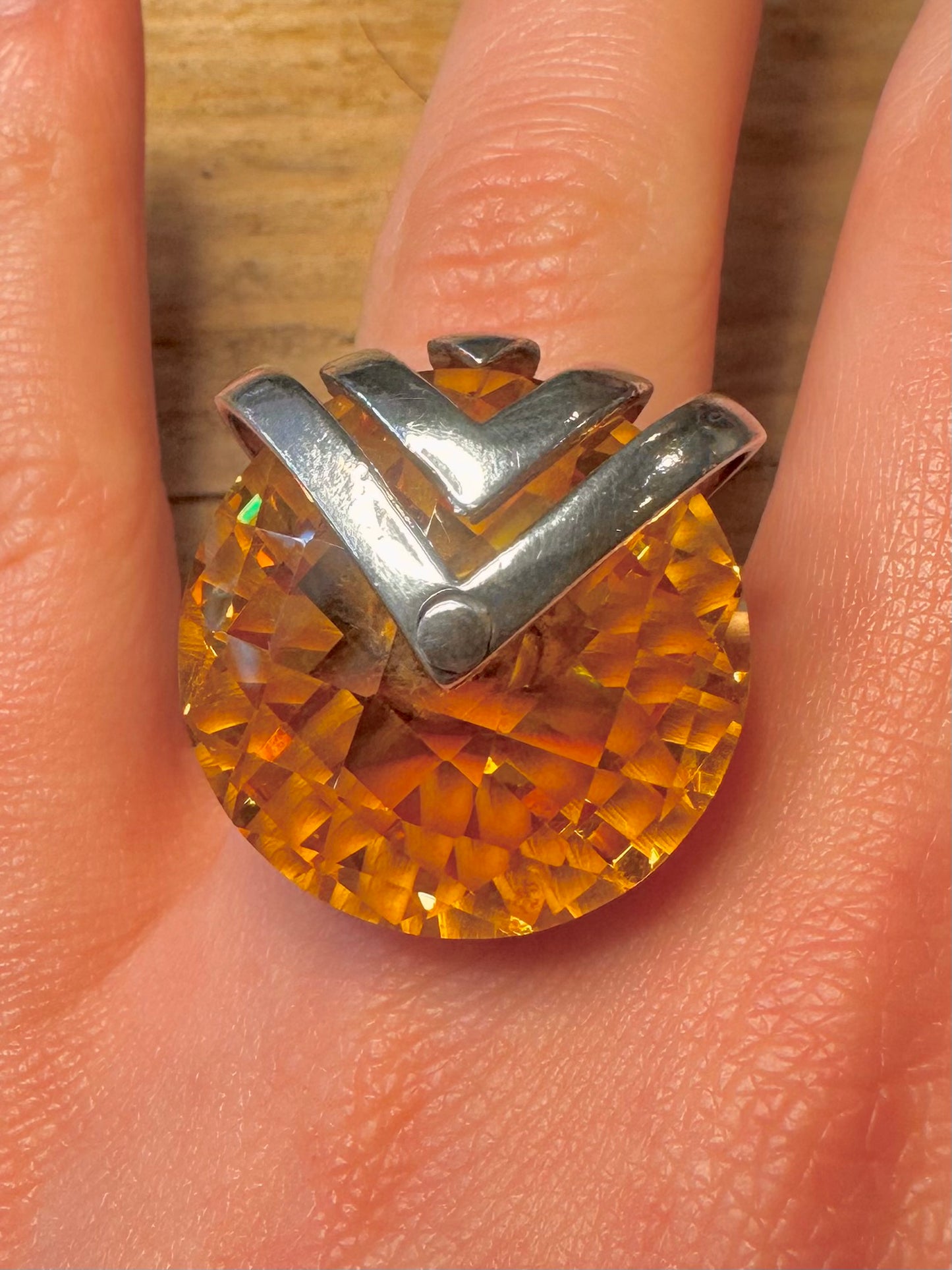 Modernist Large Faceted Citrine Spinning 925 Sterling Silver Size P1/2 Ring