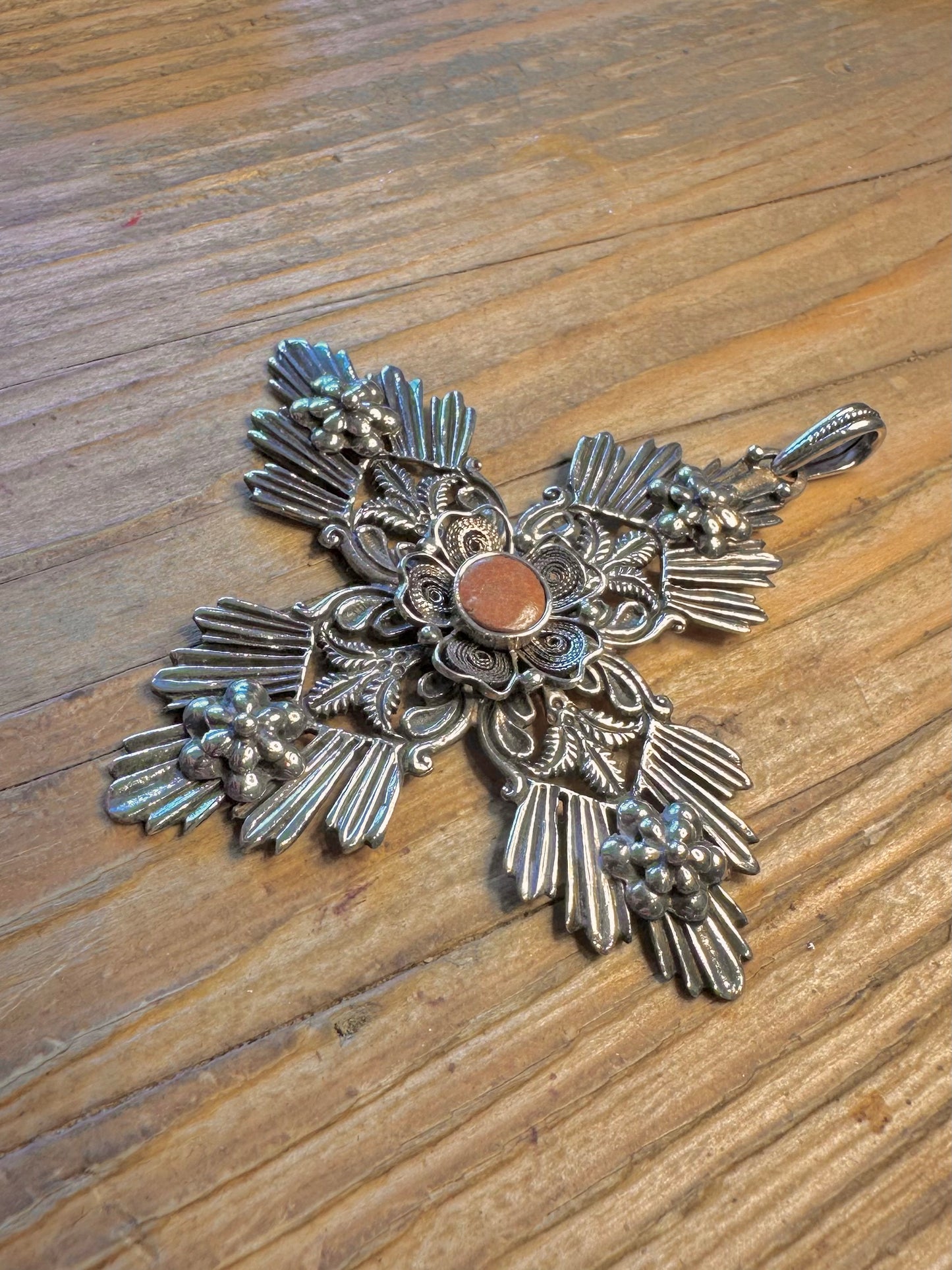 Large Decorative Floral Orange Filigree Cross 925 Sterling Silver Pendant