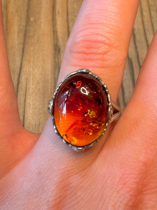 Amber Style Floral Mount 925 Sterling Silver Size U Adjustable Ring