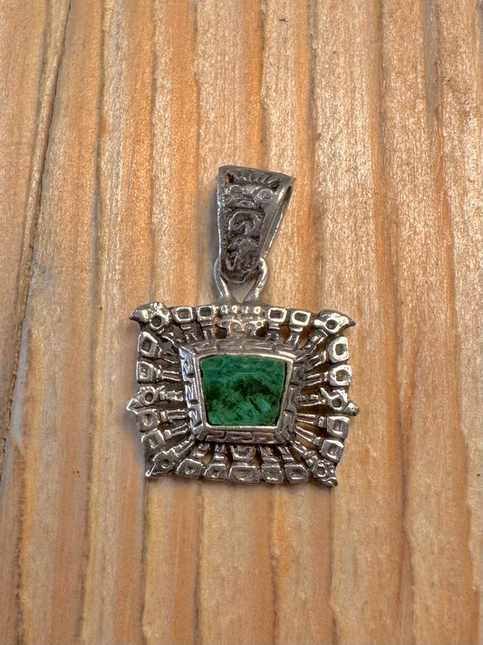 Vintage Aztec Style Turquoise Green 925 Sterling Silver Pendant