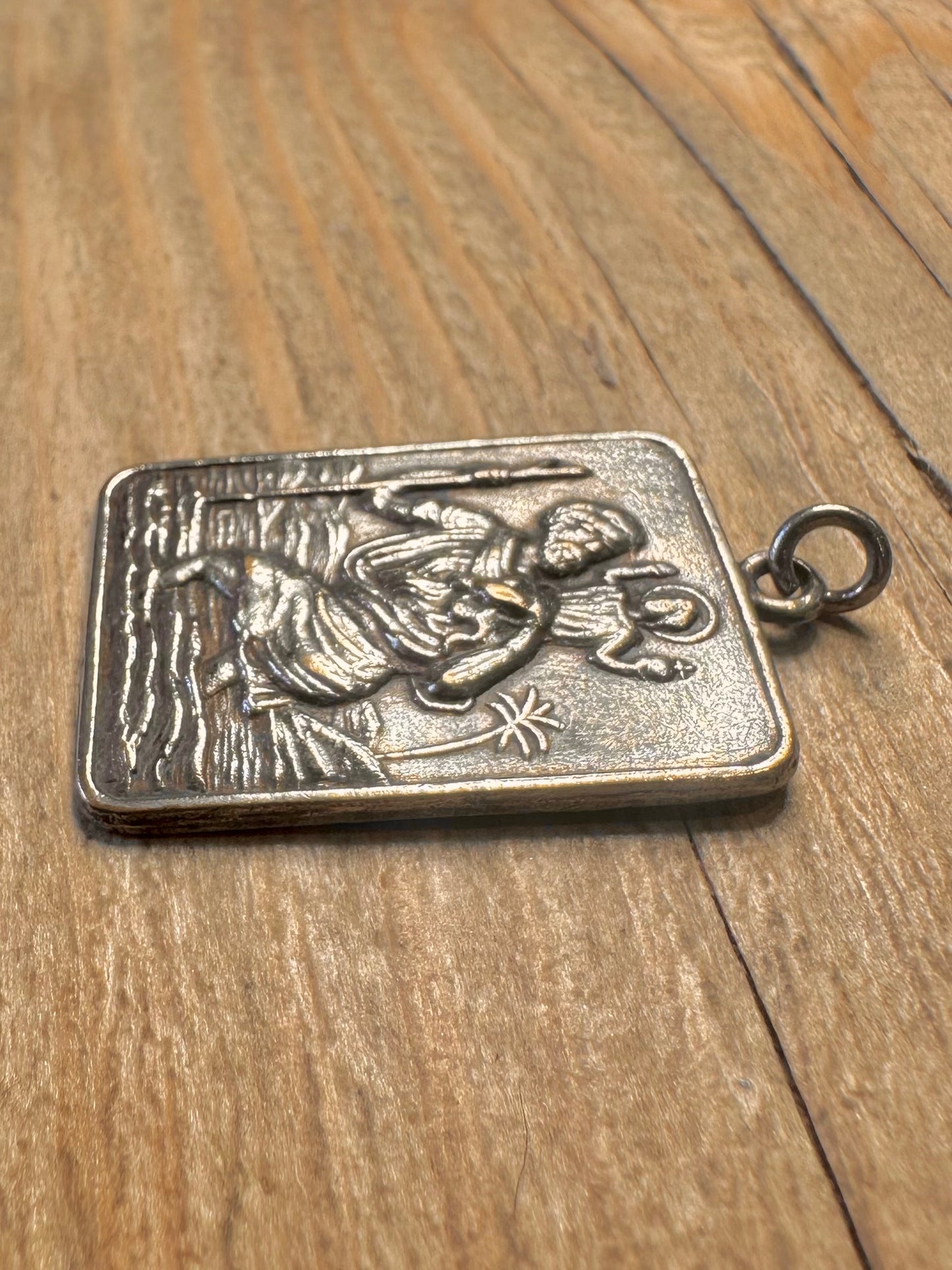 Vintage St Christopher Large Rectangle 925 Sterling Silver Pendant