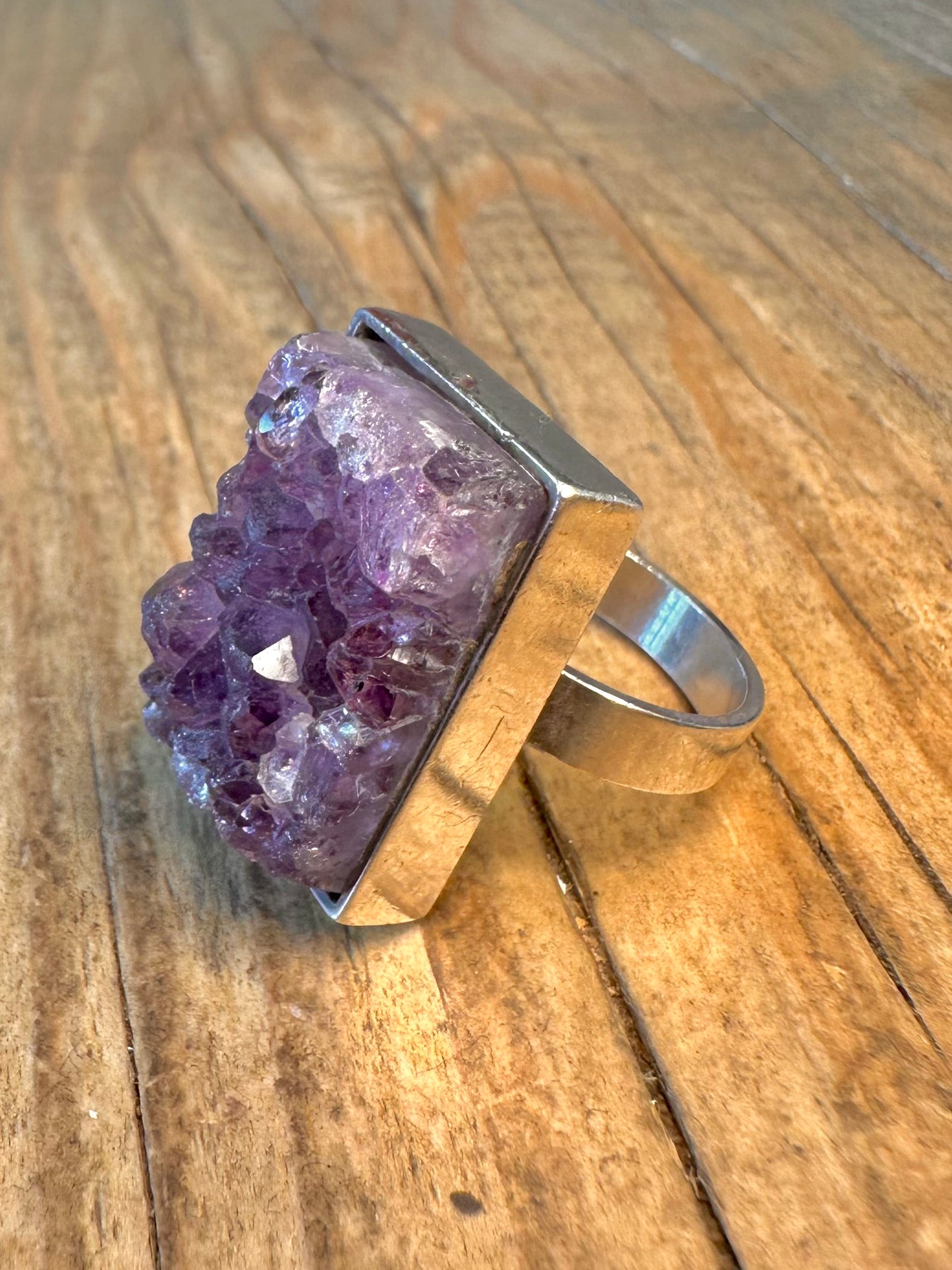 Stunning 1971 Rectangle Raw Amethyst 925 Sterling Silver Size M Ring