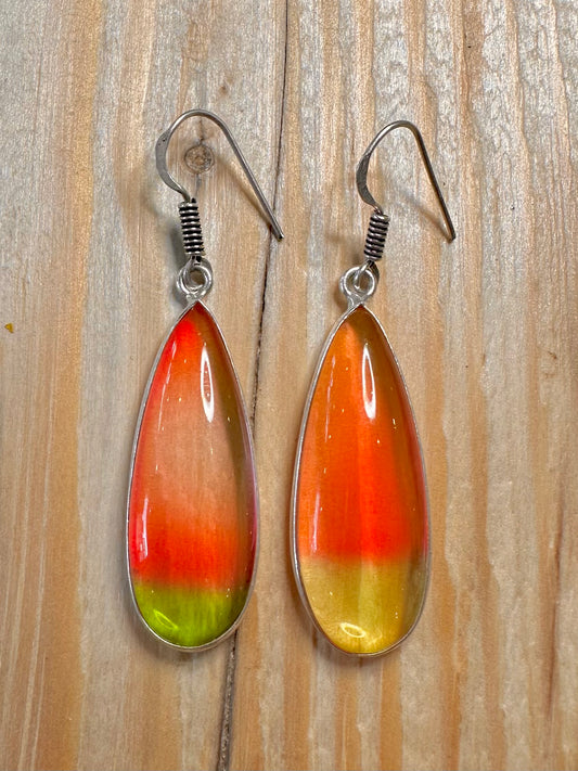Abstract Red and Yellow Elongated 925 Silver Earrings