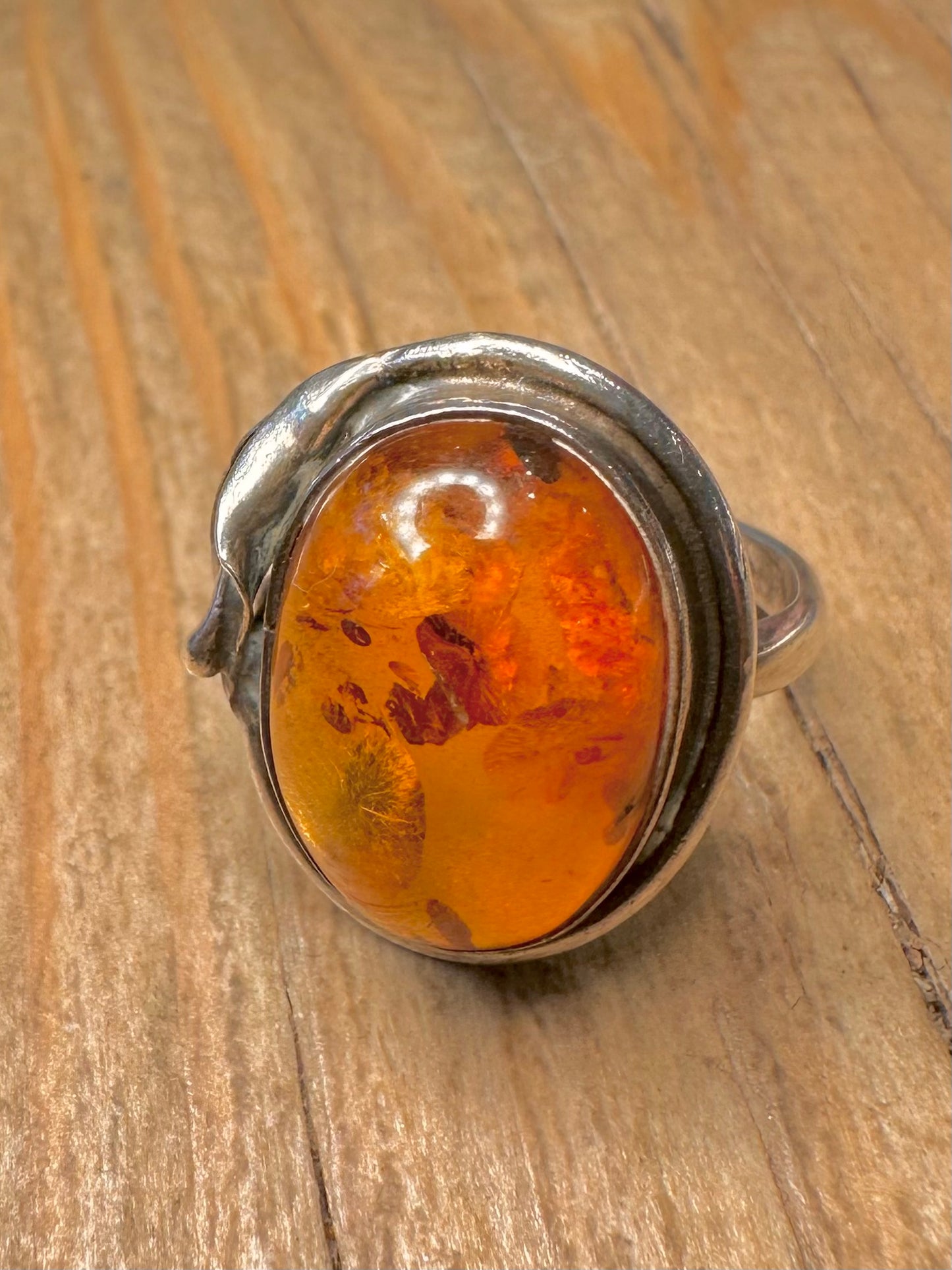 Vintage Art Nouveau Style Amber 925 Sterling Silver Size M Ring