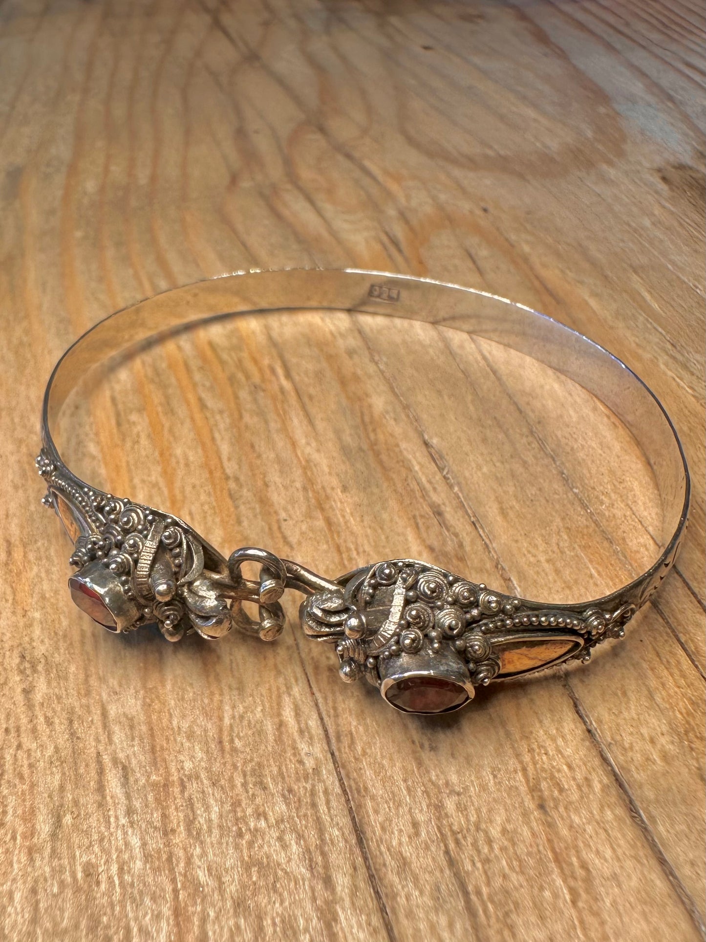 Vintage Dragon Filigree Red Stone and Gold Plate 925 Sterling Silver Bangle