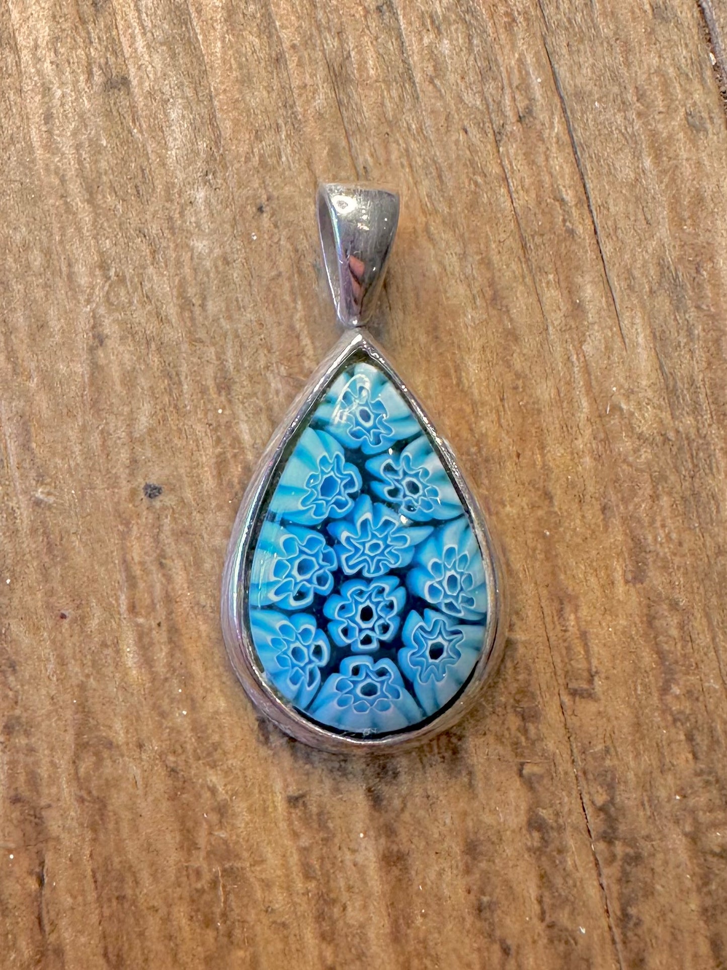 Blue Millefiori Tear Drop 925 Sterling Silver Pendant