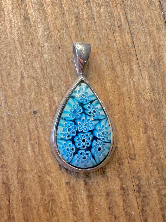 Blue Millefiori Tear Drop 925 Sterling Silver Pendant