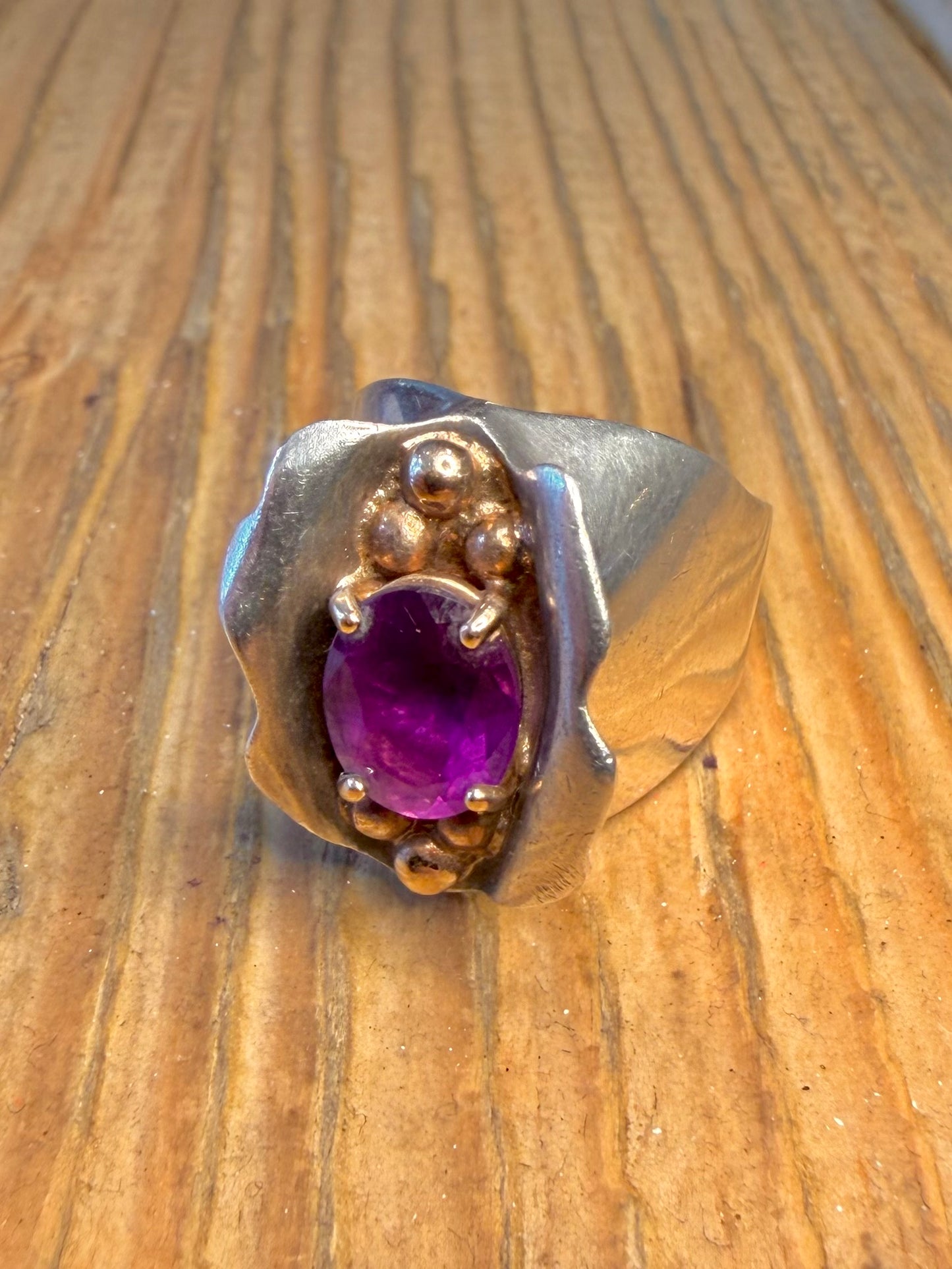 Abstract Handmade Amethyst and 14ct Gold Balls Maker JG 925 Sterling Silver Size M1/2 Ring
