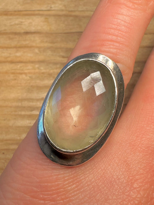 Vintage Faceted Greenish Quarts 925 Sterling Silver Size N Ring